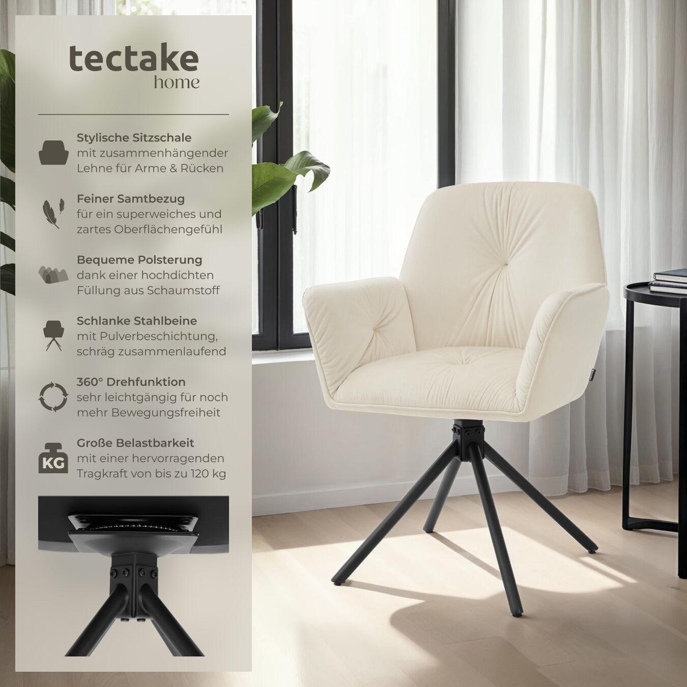 tectake Esszimmerstuhl Drehbarer Armlehnstuhl Daya, in Samtoptik, gepolstert (Set, 2 St), Dicke Polsterung der Sitzfläche sowie der Arm- und Rückenlehne