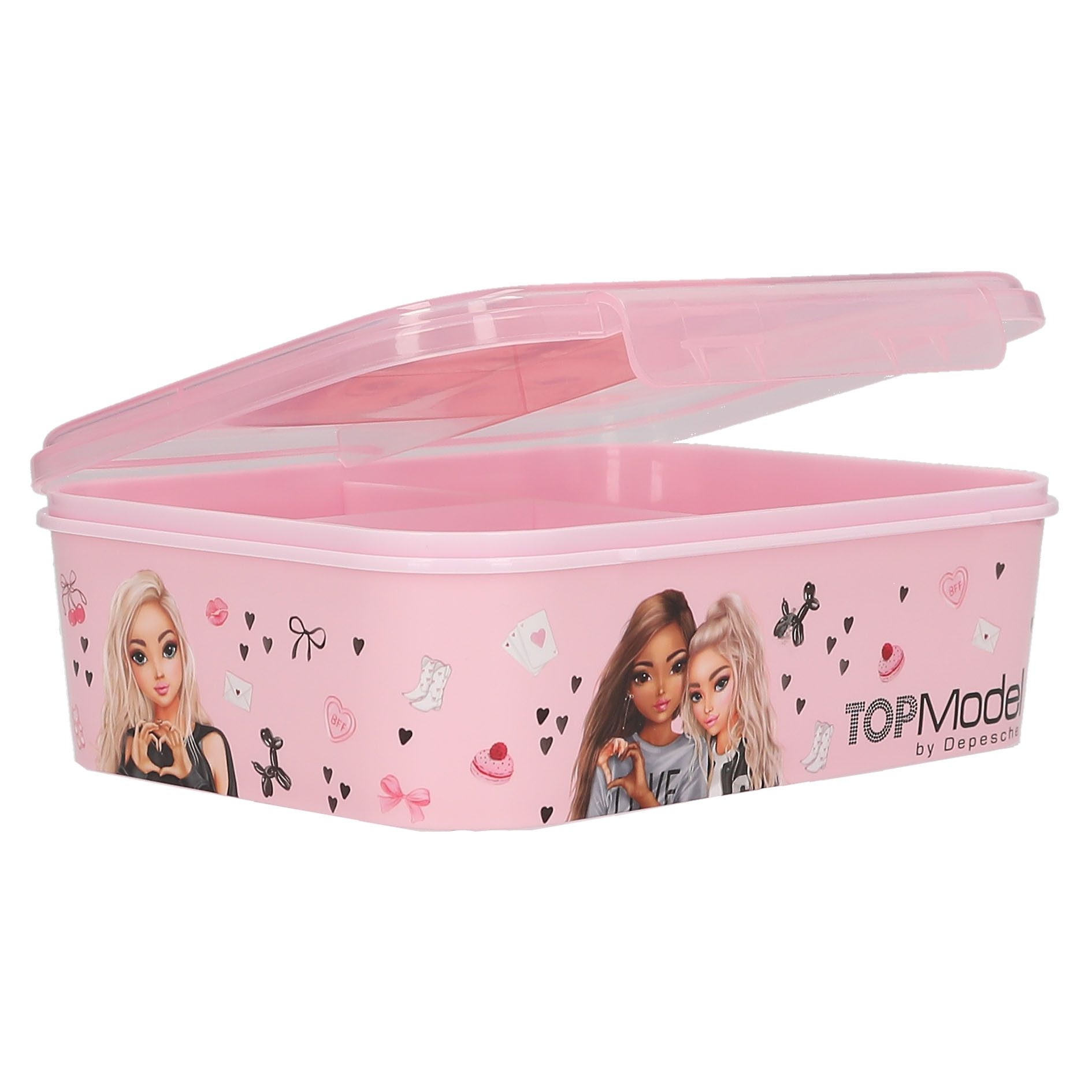 Depesche Schmuckset Brotdose mit Model Motiv und 3 Fächern, Rosa, Klapp-Deckel, Bunte Batches, ideal für Schule und Freizeit