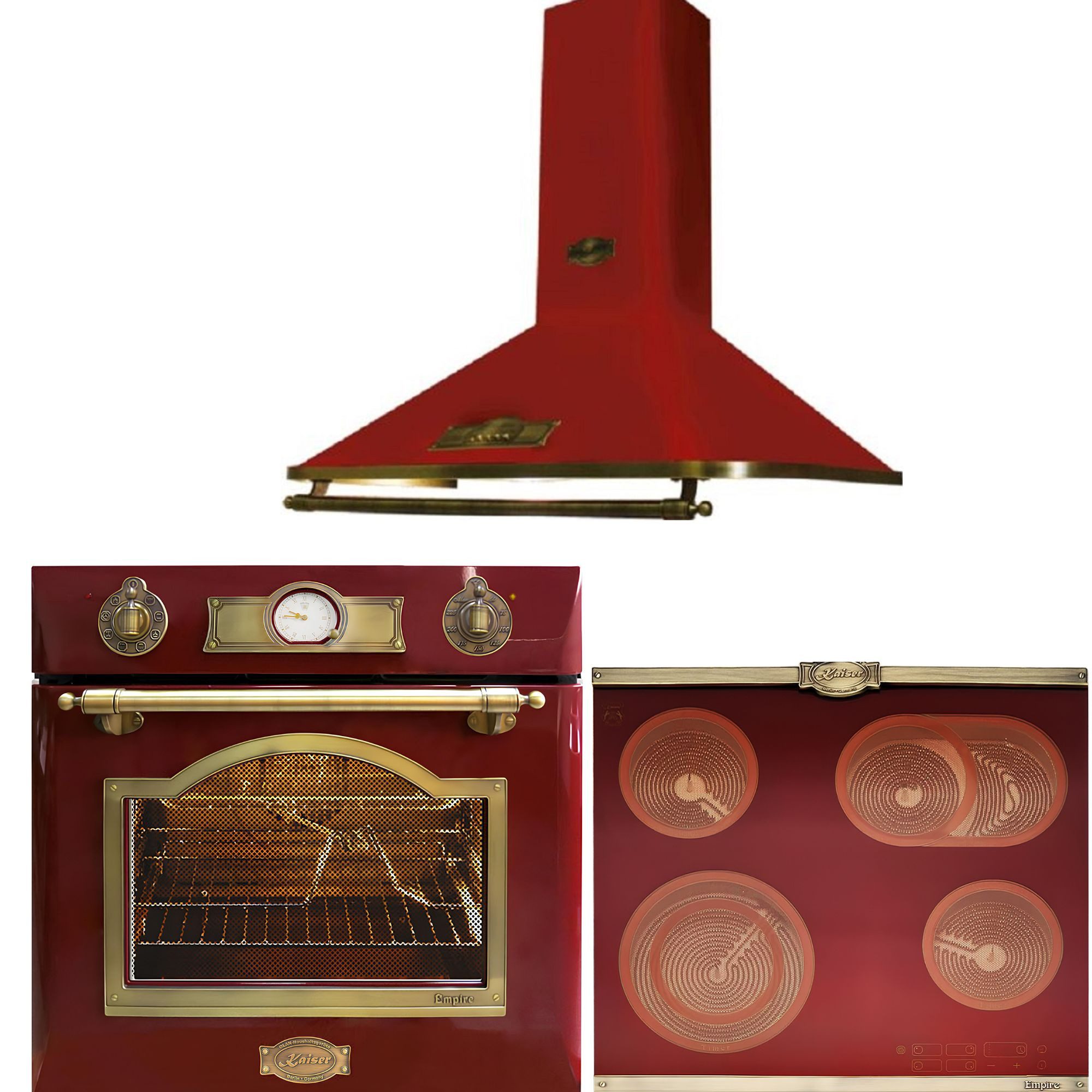 Kaiser Küchengeräte Backofen-Set Herd Set Autark Elektro Backofen, Selbstreinigung, Drehspieß, 8 Funktionen mit Glaskeramik Kochfeld 60cm Einbau Herd 4 QuickHeat-Kochzonen Hi-Light+Exklusive Designer Wandhaube 60 cm, 3 Stufen, Abluft\Umluft, 910 m³/h EH 6355 RotEm+KCT 6185 RotEm+A 6315 RotEm ECO, mit 1-fach-Teleskopauszug, Elektro Backofen+Glaskeramik Kochfeld 60cm+Dunstabzugshaube 60 cm