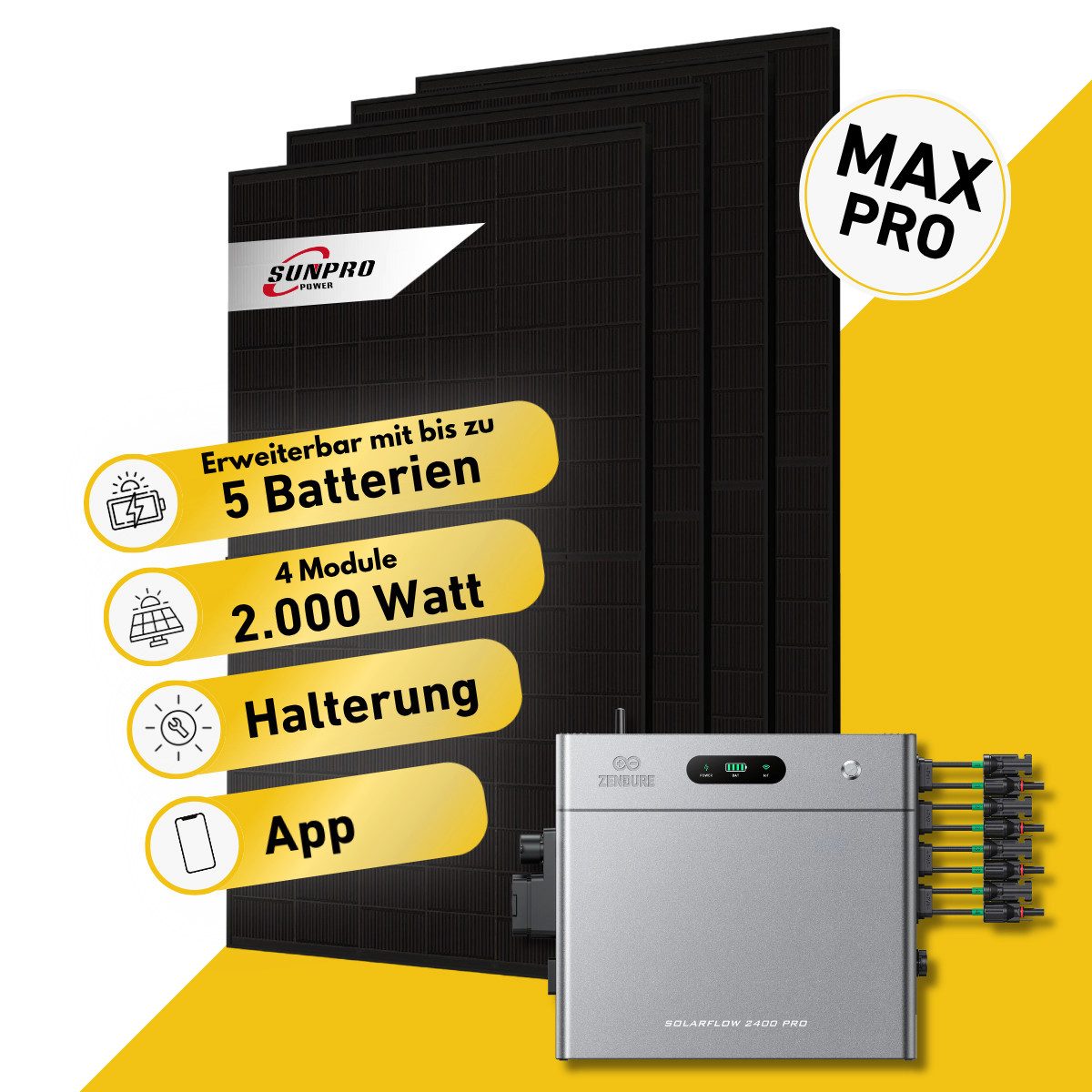 Balkonstrom Balkonkraftwerk MAX Pro 2000 Watt Solaranlage mit Speicher Komplettset Bifazial, 2000 W, Monokristallin, (4x Sunpro Solarmodul á 500 Watt, 1x Zendure SolarFlow 2400 Pro, 1-5 Zusatzspeicher AB3000L), Halterung für Dach, Fassade, Balkon & Garten, App & Plug&Play DE