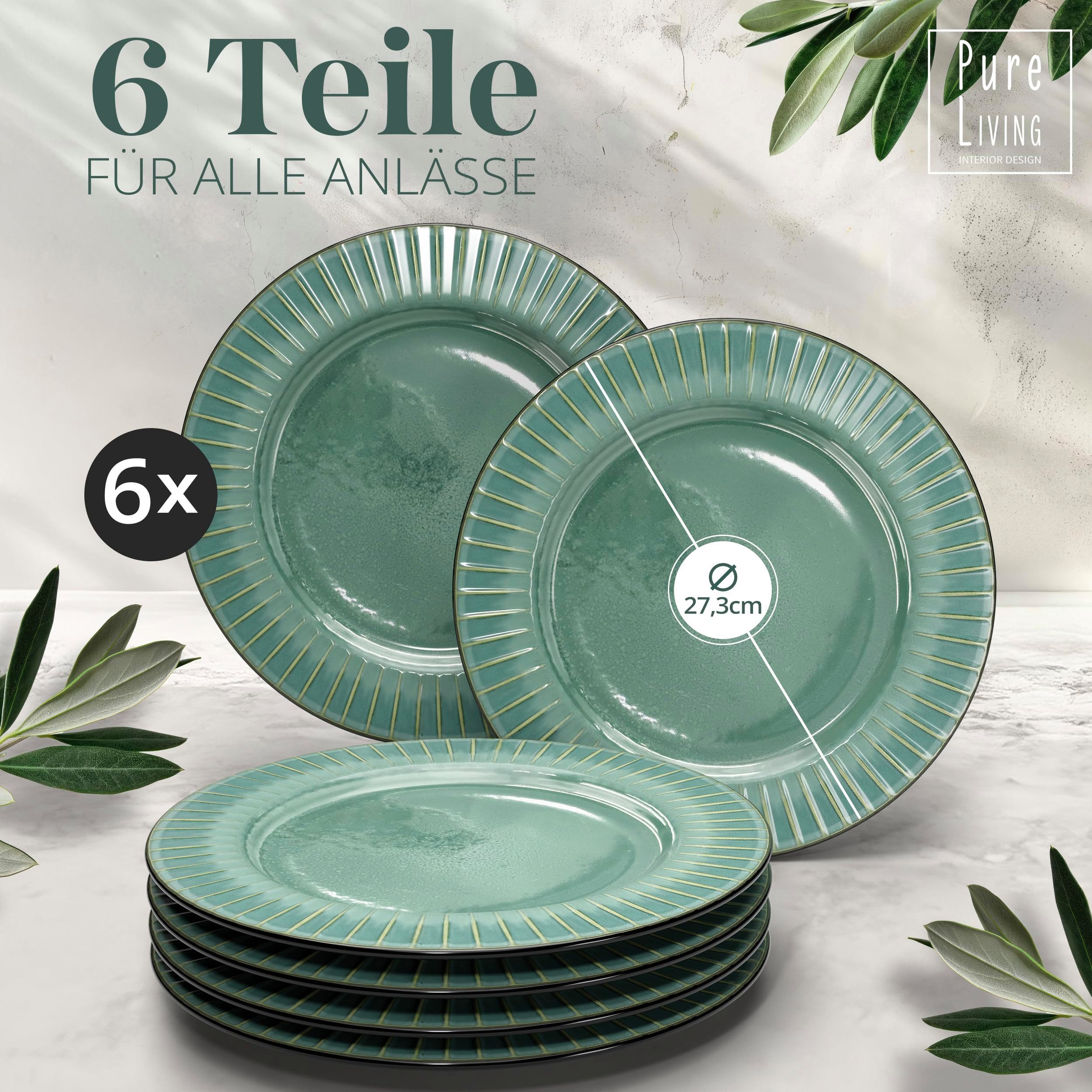 PURE LIVING INTERIOR DESIGN Geschirr-Set Ribbed Speisseteller, Dinnerteller, 6er-Set, 26 cm, Grün, 6 Personen, Steingut, Mediterrane Handwerksoptik, Reaktive Glasur – jedes Stück einzigartig…