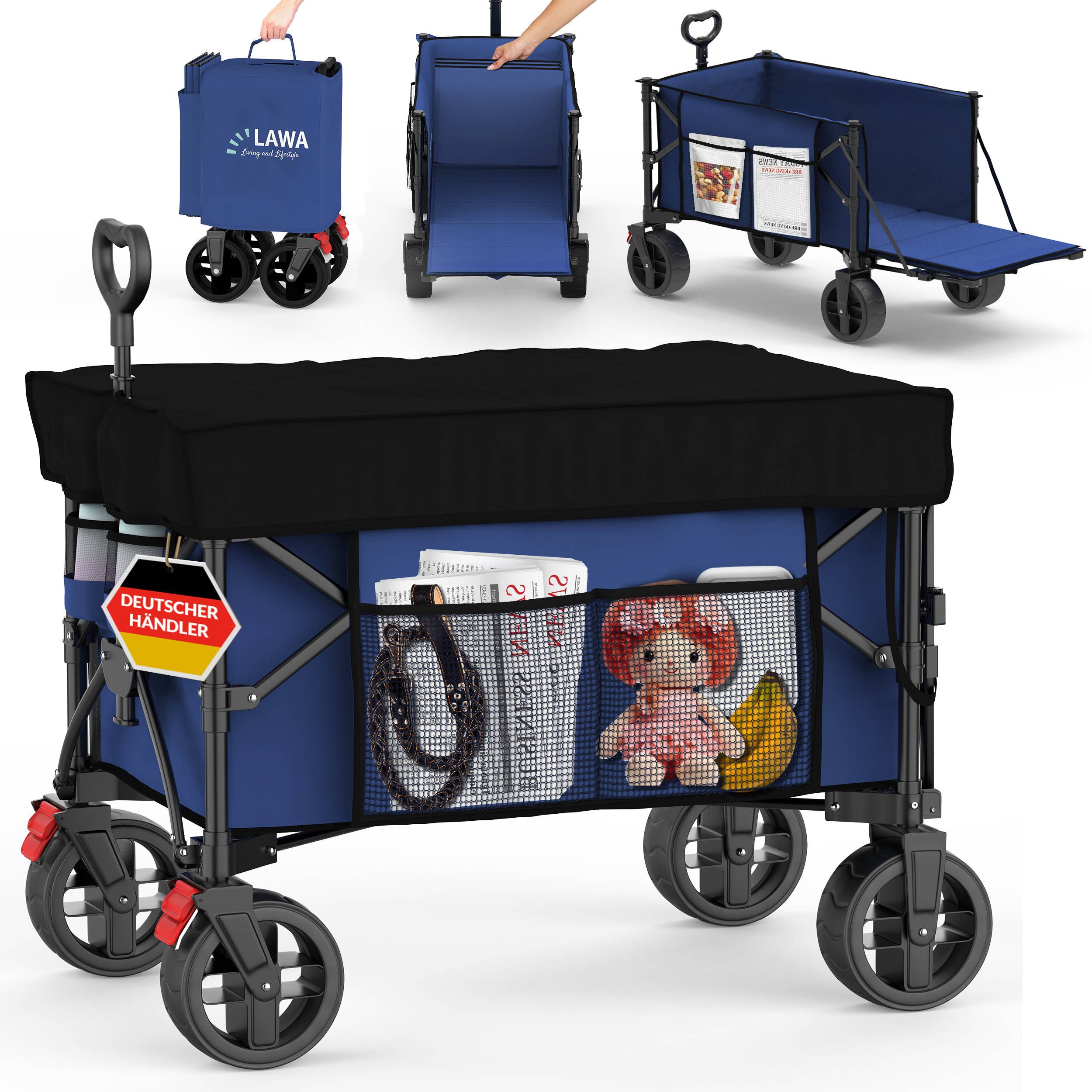LAWA Living and Lifestyle Bollerwagen Angelwagen faltbar 130l groß Stoffdach 100kg kleines Packmaß leicht, mit Heckklappe, verlängerbar, 110cm Teleskopgriff, Seitentasche