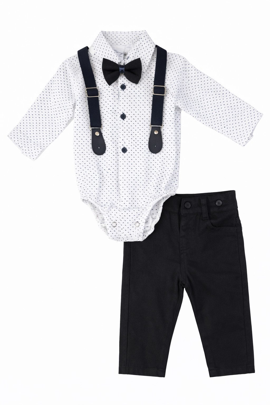 Lorey Medtec Anzug 4-teilig Baby Jungen Anzug, Body, Hose, Hosenträger, Fliege, 100% Baumwolle (Langarmbody + Hose + Hosenträger + Fliege) Tüll