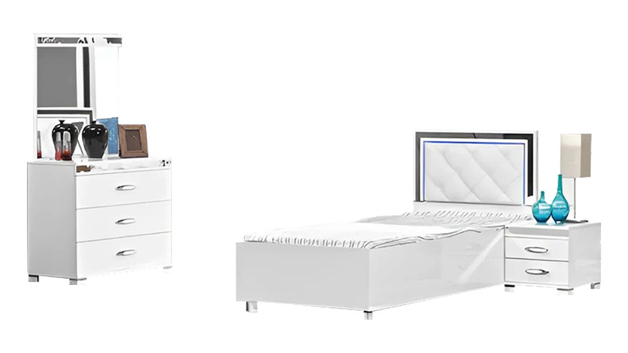 Jugendzimmer-Set Weißes Jugendzimmermöbel-Set aus Holz mit Bett und Kommode