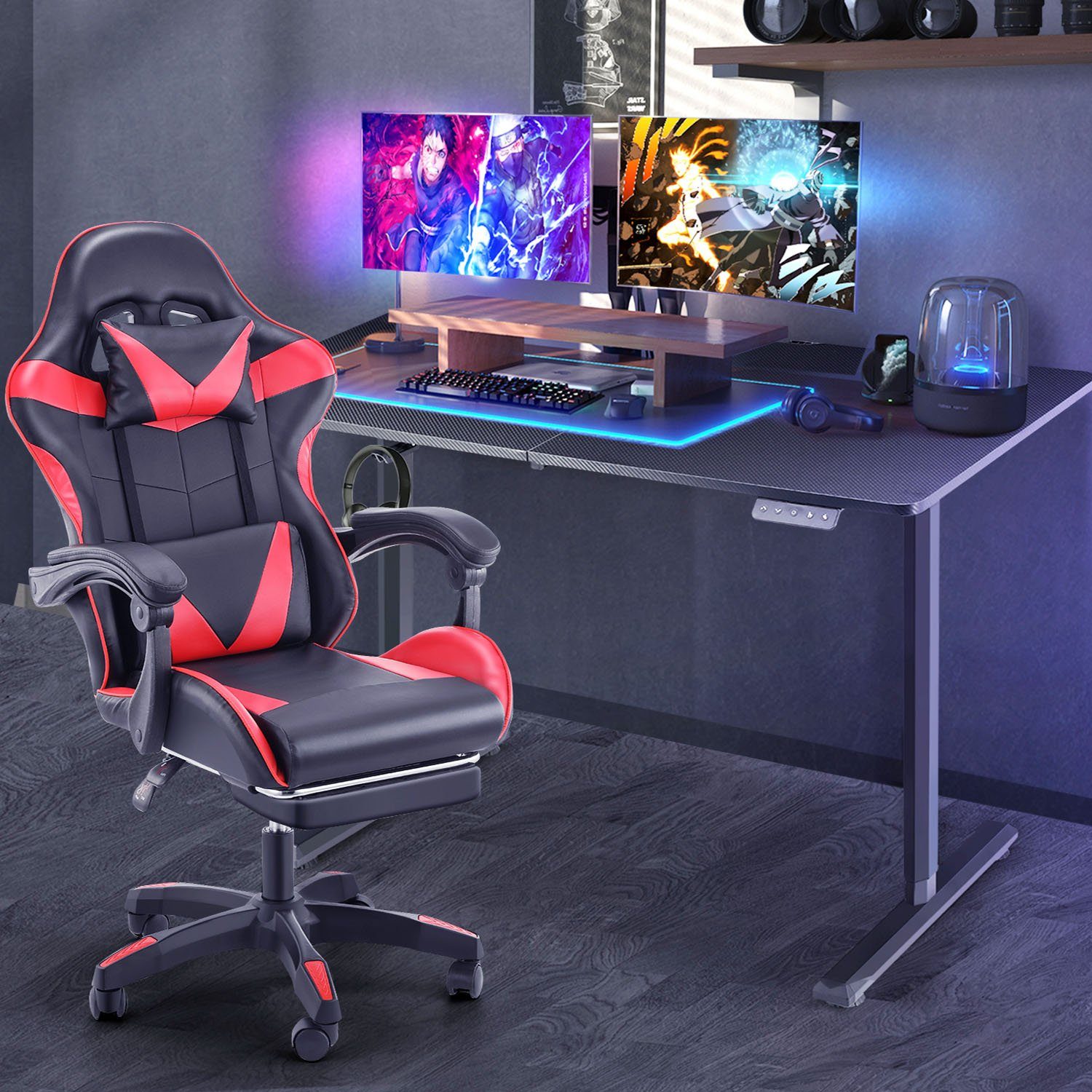 LETGOSPT Gamingtisch Pro PC-Gaming Schreibtisch mit Gaming Stuhl Set,  Höhenverstellbarer, Elektrisch Schreibtisch, Gaming Chair mit Kopfkissen  und Armlehnen