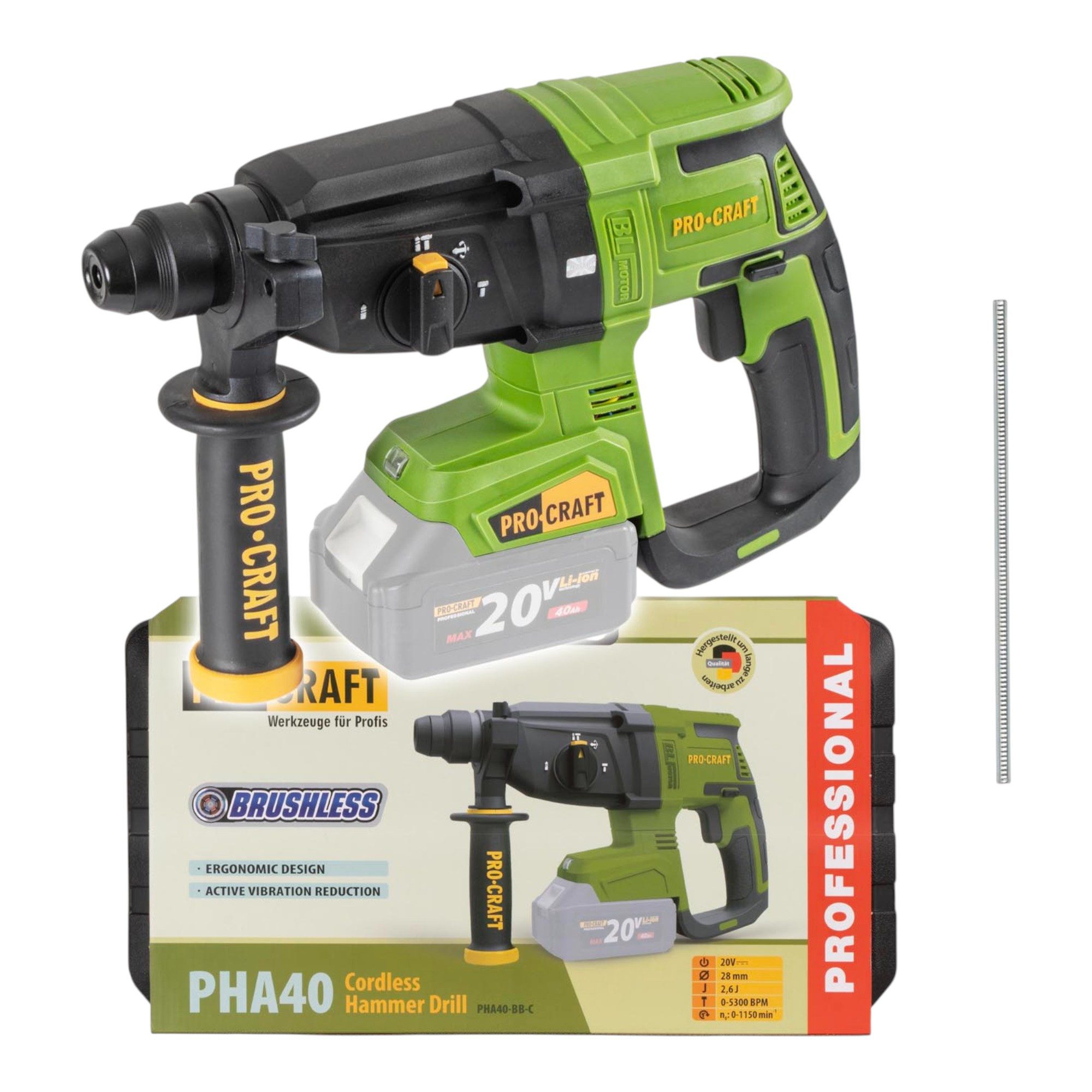 PRO CRAFT Akku-Bohrhammer PHA40bb-c Bohrhammer 20 V 2,6 J SDS plus Brushless + Koffer - ohne Akk