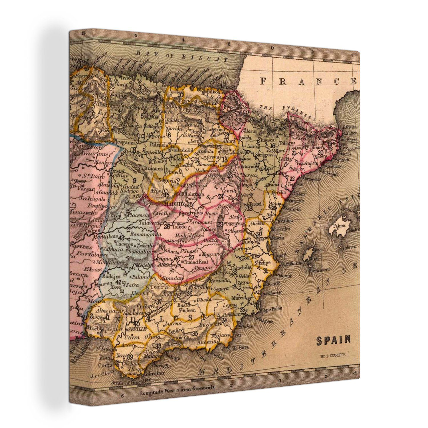 OneMillionCanvasses® Leinwandbild Länderkarte - Spanien - Iberien, (1 St), Leinwand Bilder für Wohnzimmer Schlafzimmer