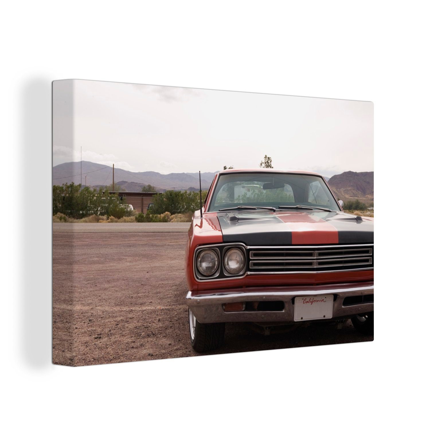 OneMillionCanvasses® Leinwandbild Muscle Car auf dem Parkplatz, (1 St), Wandbild Leinwandbilder, Aufhängefertig, Wanddeko, 30x20 cm
