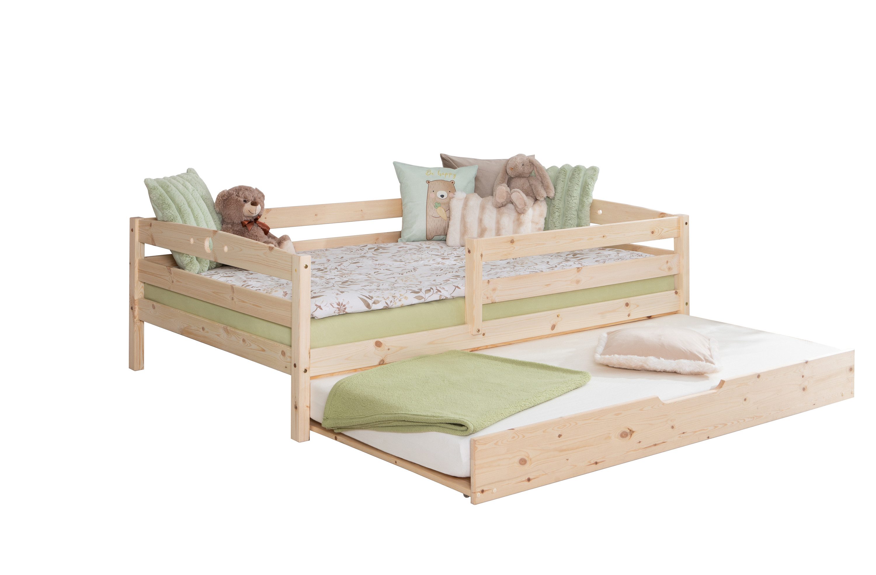 Ticaa Kinderbett Funktionsbett Eli Daybett Kinderbett Jugendbett (120x200 aus Kiefer Massivholz), inkl. Roll-Lattenrost & Ausziehbett, mit Rausfallschutz, Natur