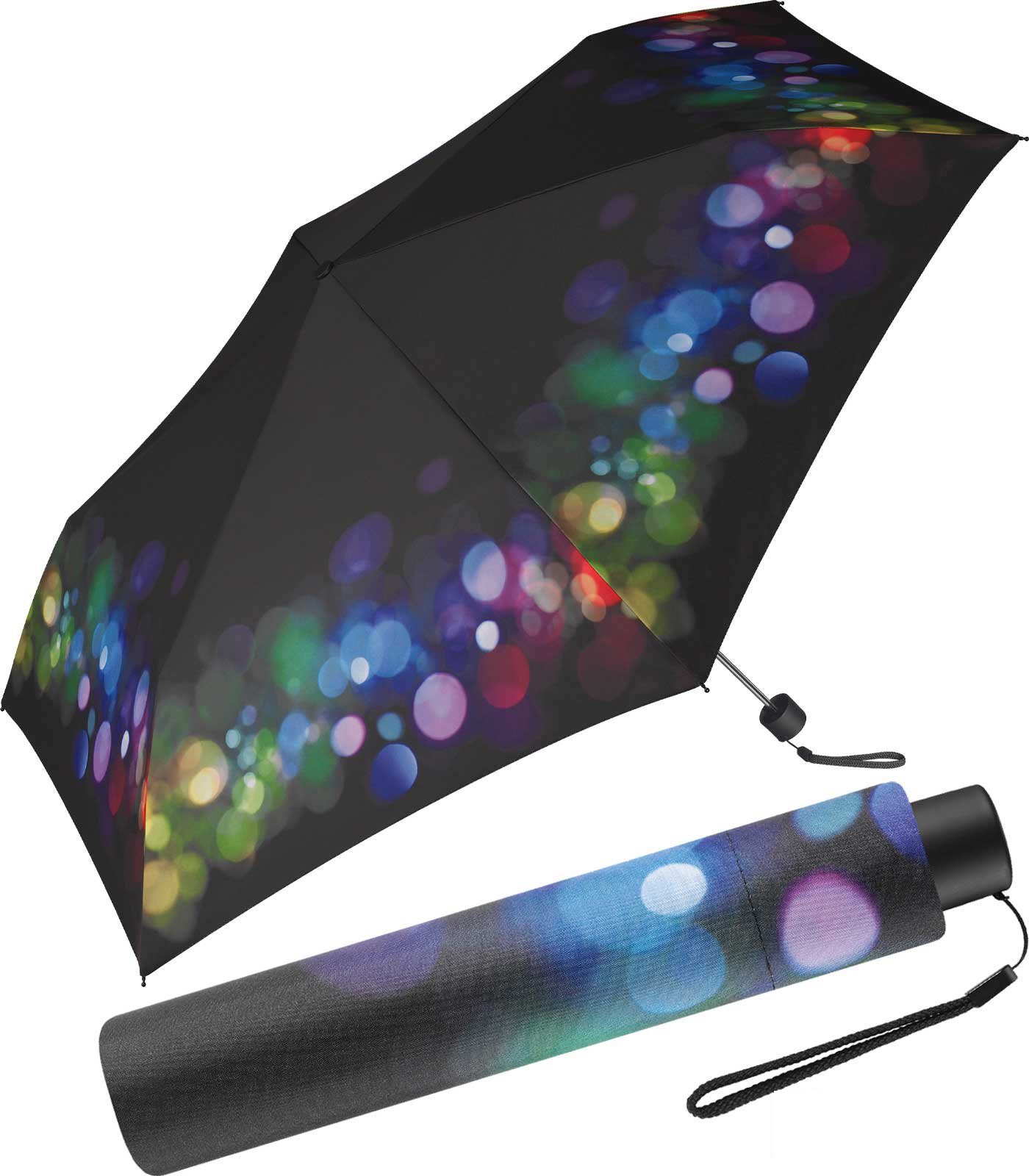 Pierre Cardin Stockregenschirm schlanker Damen-Taschenschirm mit Handöffner, mit modernem bunten Muster auf schwarzem Grund