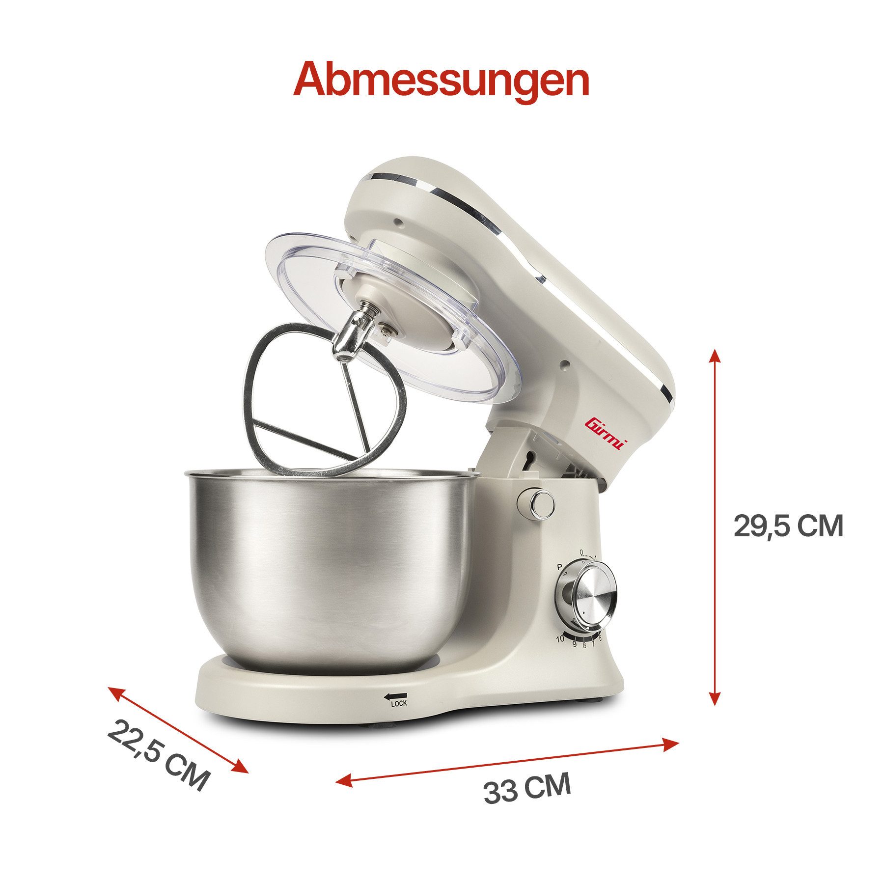 Girmi Küchenmaschine IM2101 Gastronomo IM21, Edelstahlschüssel, Planetenrührwerk, 1500 W, 5 l Schüssel, 10 Geschwindigkeiten, Pulse-Funktion, Knethaken, Rührer, Schneebesen