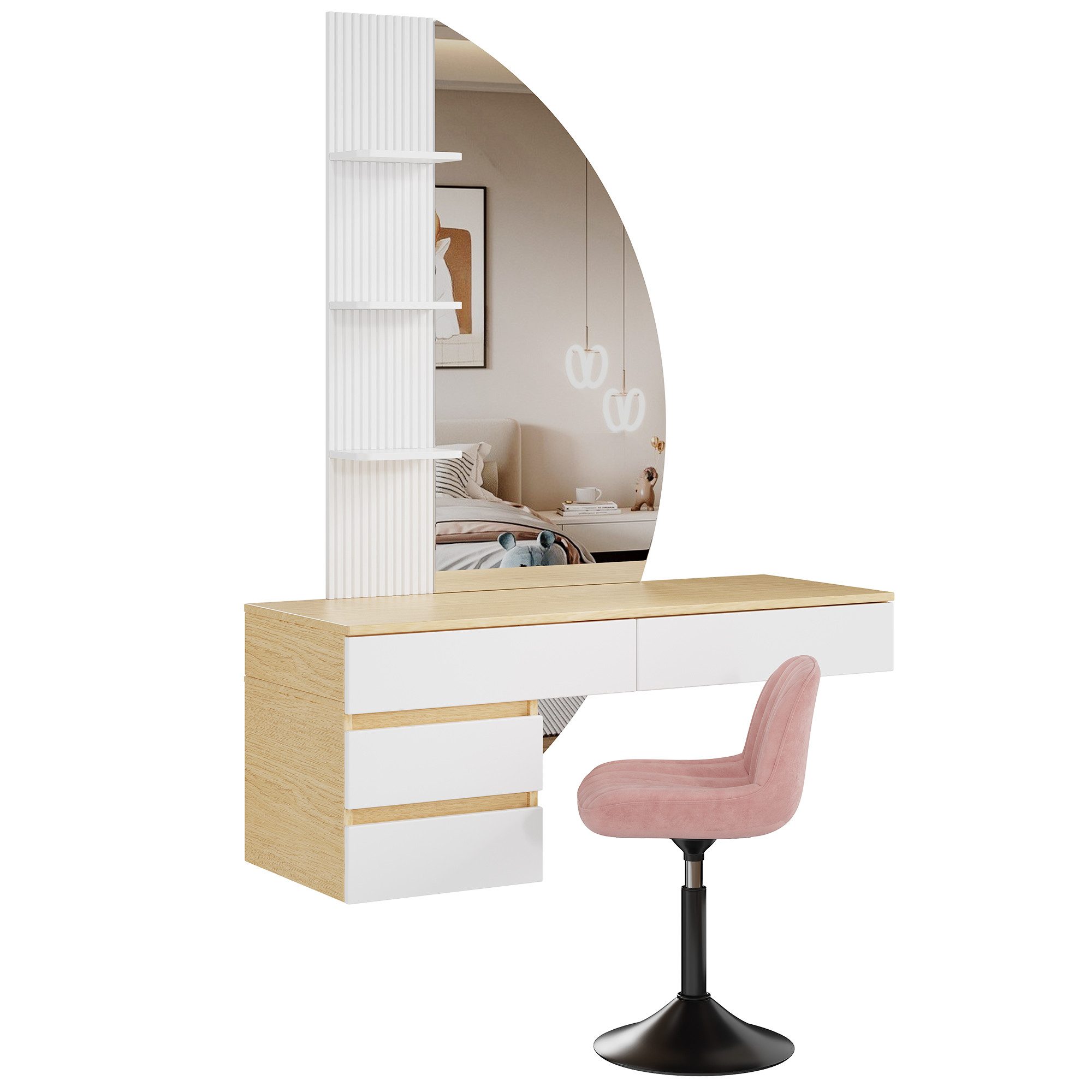 HOMALL Schminktisch Hängender Schminktisch mit drei einstellbaren Farbtemperaturen (LED-Silikon-Lichtleiste in drei Farben, Maße: 106 × 40 × 143 cm, mit 3 offen – Bild 2 von 5