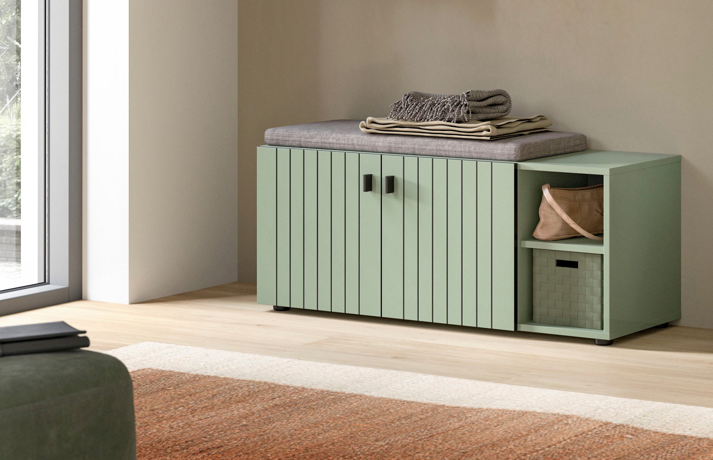 Home affaire Sitzbank TATIO, 106x43x37 cm, 2 Türen, 2 offene Fächer (Sitzbank und Sitzkissen), Garderobensitzbank, Sitzbank Flur mit Stauraum, Sitzkissen wählbar