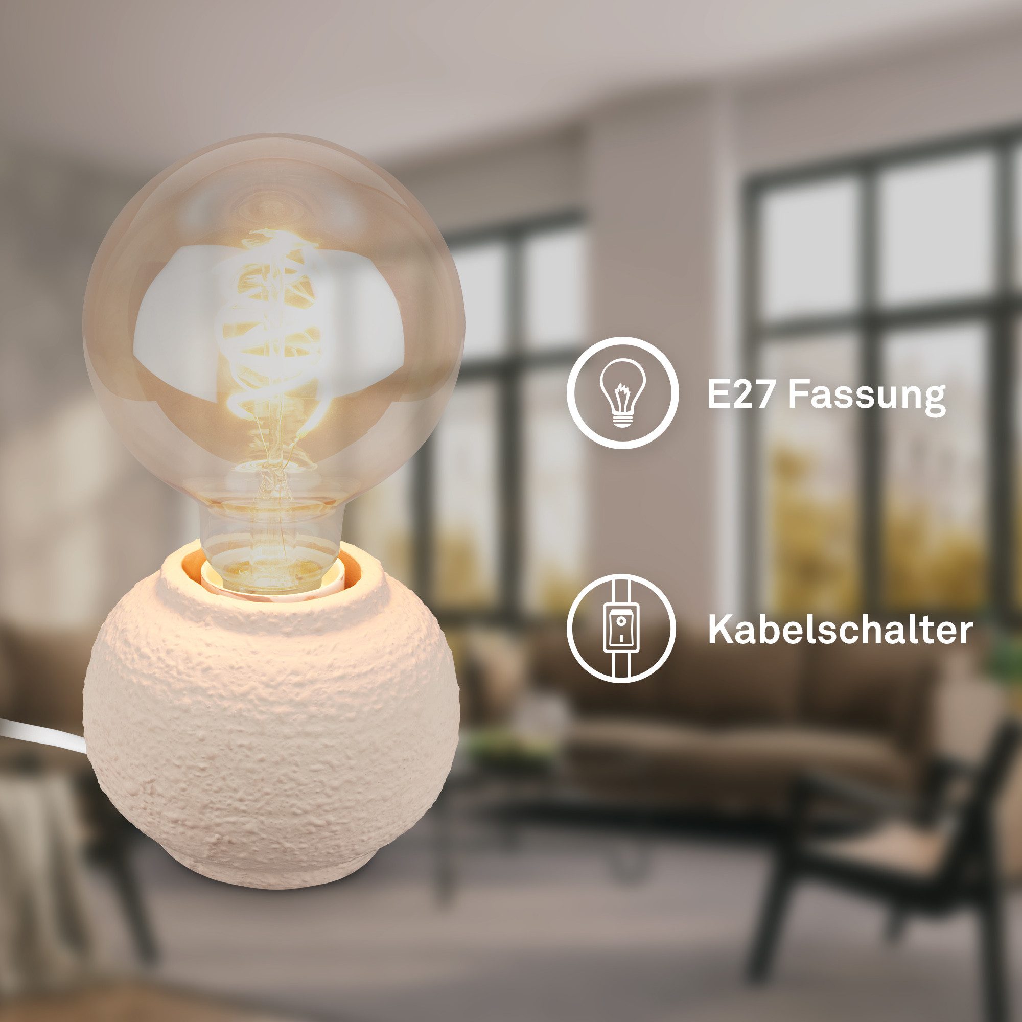 Briloner Leuchten LED Tischleuchte Tischlampe Keramik Kabelschalter für E27 Wohnzimmer Kommode Flur, ohne Leuchtmittel, Abhängig vom Leuchtmittel, 10x8 cm, Wohnzimmer, Schlafzimmer, Büro