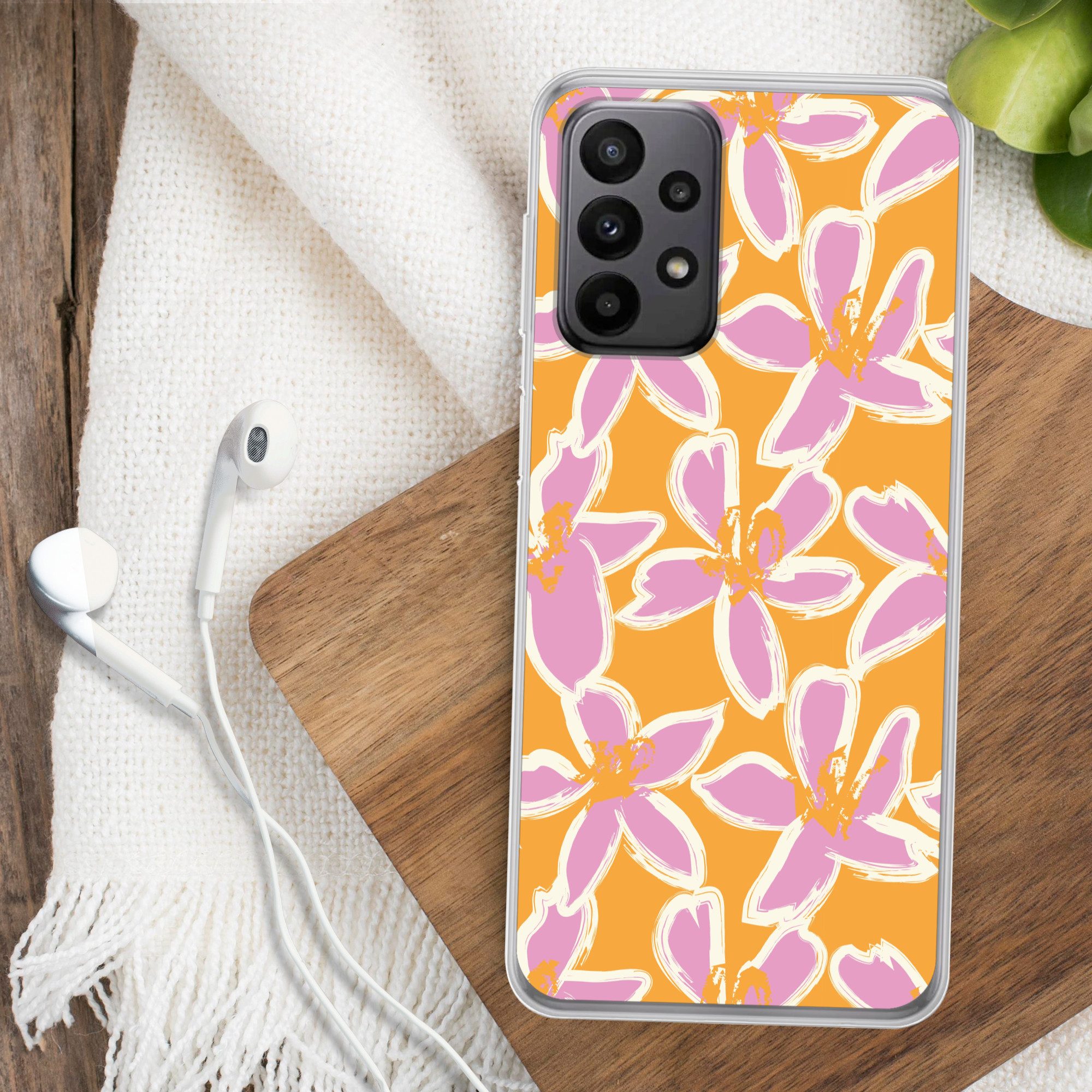 MuchoWow Handyhülle für Samsung Galaxy A23 5G Blumen - Muster - Rosa - Orange, Smartphone-Bumper, Print, Handy Schutzhülle Dünn