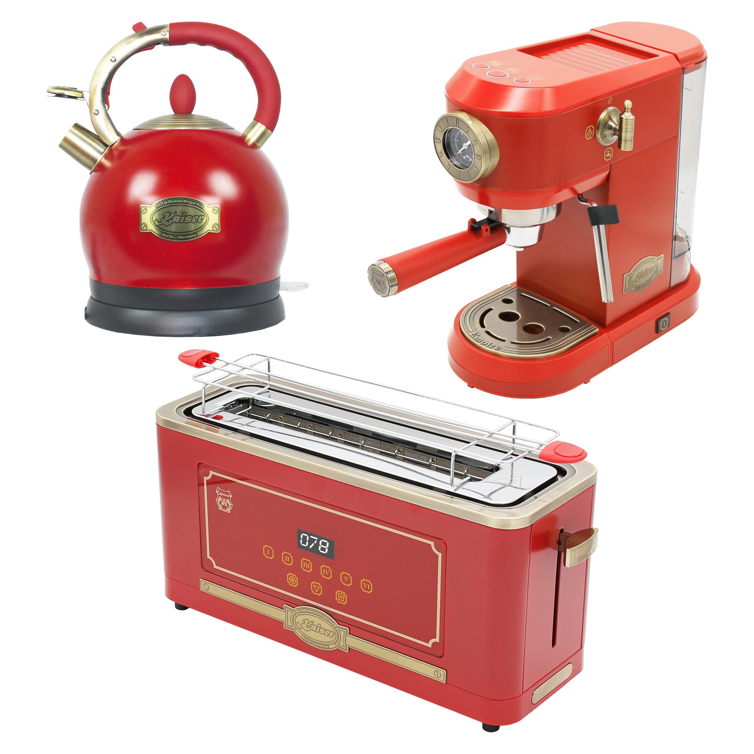 Kaiser Küchengeräte Espressomaschine, Siebträger-Espressomaschine, 19 bar+ Retro Wasserkocher+Retro-Toaster