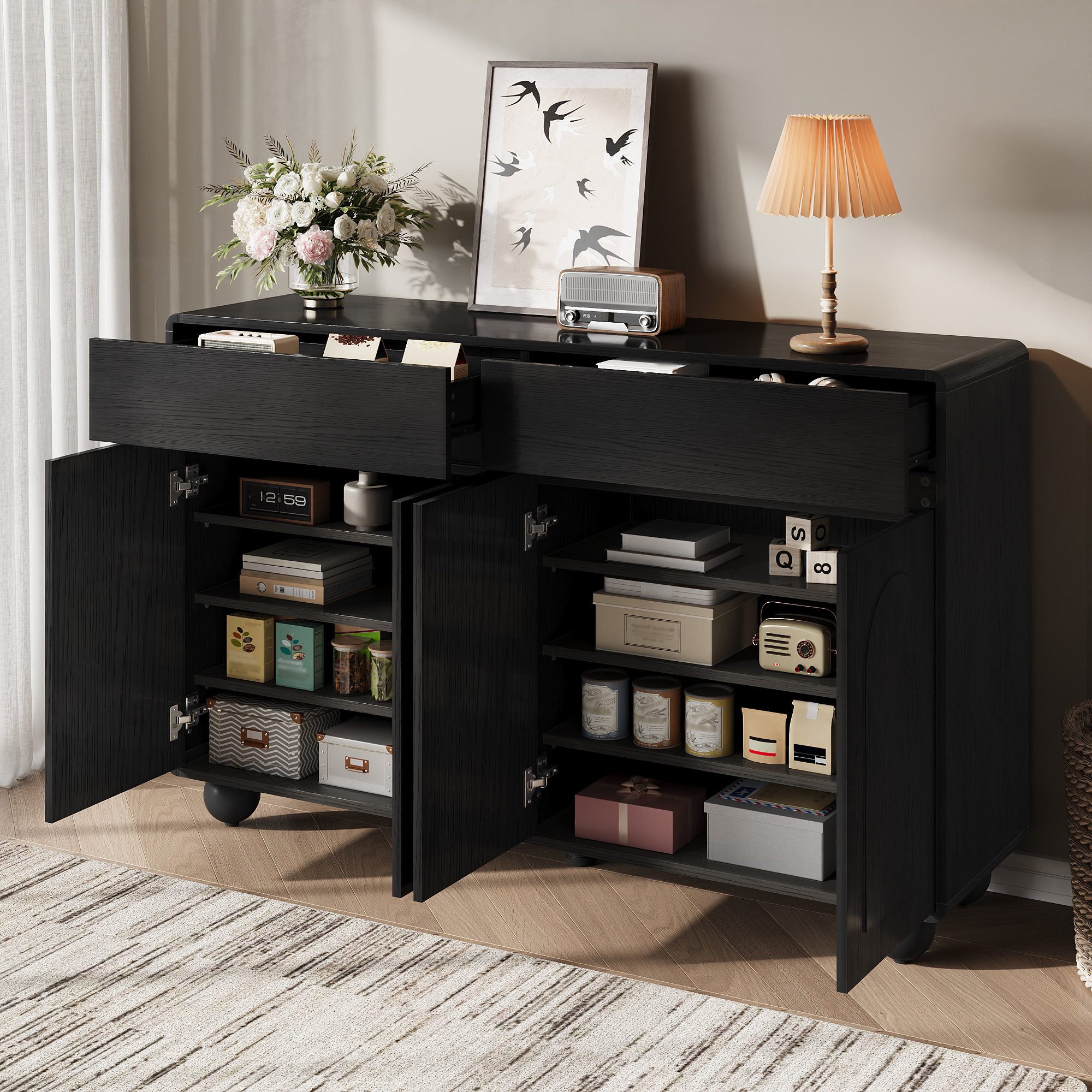 Odikalo Sideboard Kommode Wohnzimmerschrank 2Schübe+4Türen, Bogenfront (höhenverstellbare Regale,runde Metallfüße,stabile PB/MDF-Konstruktion)