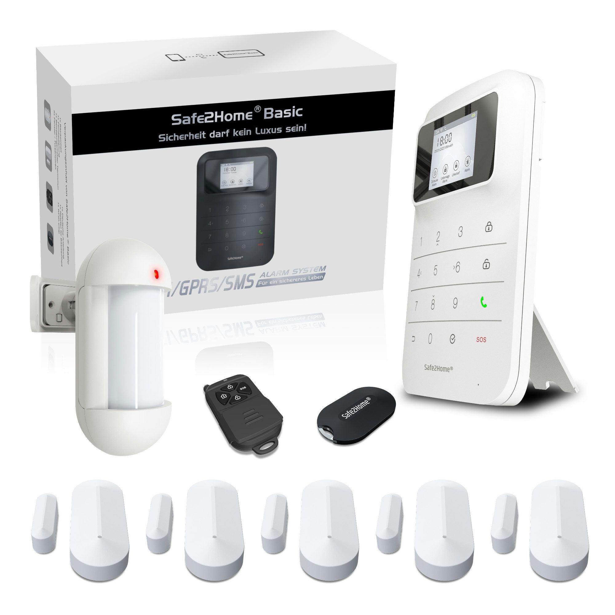 Safe2Home Basic Weiß Wlan & SMS Funk Alarmanlage Komplettsystem Haus Alarmanlage Alarmanlage (Sabotageschutz, Wifi und SMS, Selbstmontage, App, 2,4 & 5 GHz)