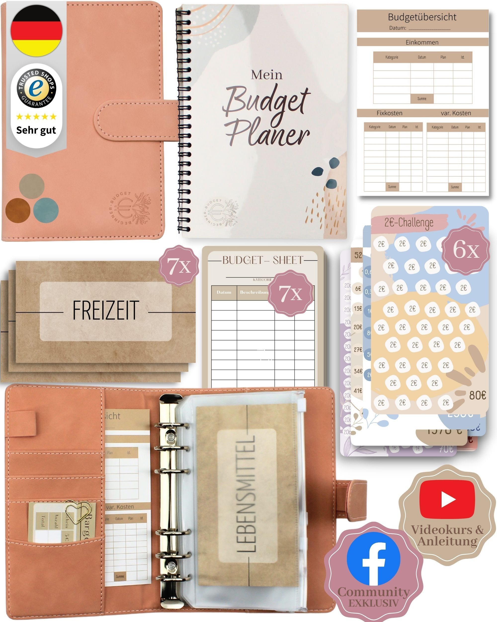 BeginnerBudget Ringbuchkalender Budget Planner & Haushaltsbuch Starter-Set: Sparbuch & Spar-Challenges, Sparen mit Umschlagmethode + Anleitung - Ringbuch - Binder A6