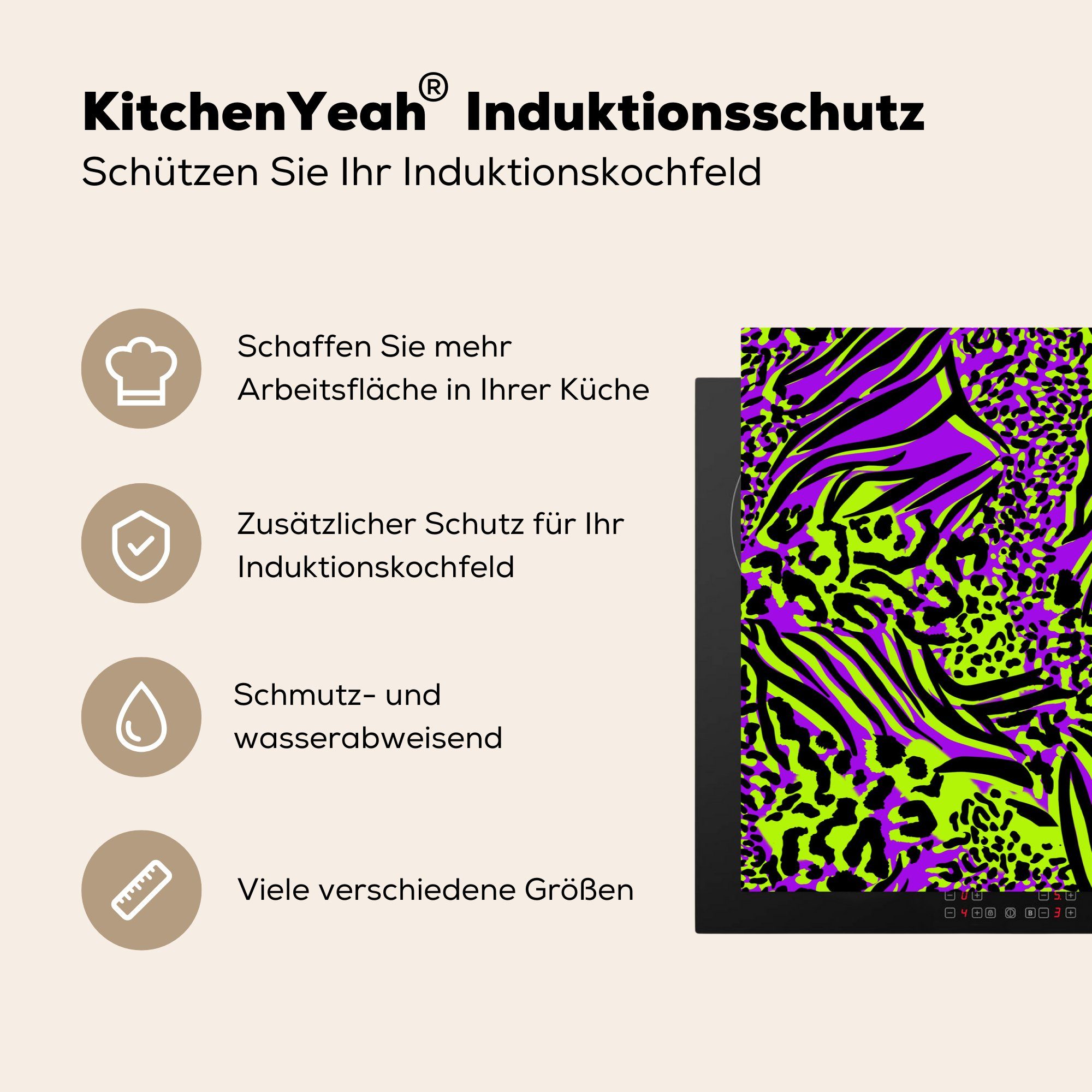 MuchoWow Herdblende-/Abdeckplatte Tiermuster cm, Schutz Lila tlg), 81x52 Neon für Induktionskochfeld (1 - küche, Vinyl, die - - Grün, Ceranfeldabdeckung