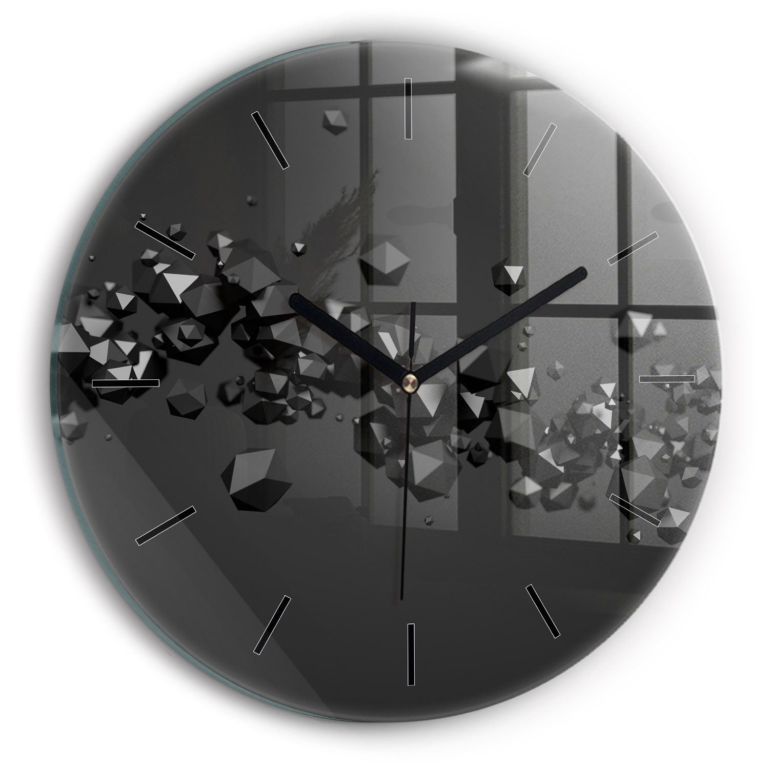 Wanduhr Moderne Glasuhr Schwarze Abstrakte Runde Uhr aus Gehärtetem Glas