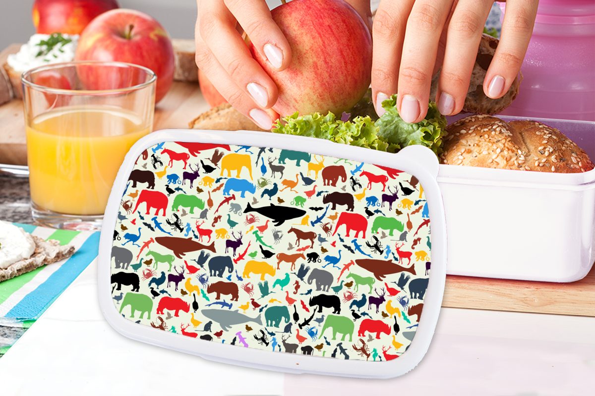 MuchoWow Lunchbox Tiere Kinder, (2-tlg), - weiß Brotbox Muster für für Brotdose, Kinder Regenbogen Jungs Mädchen Kunststoff, - - und und Erwachsene