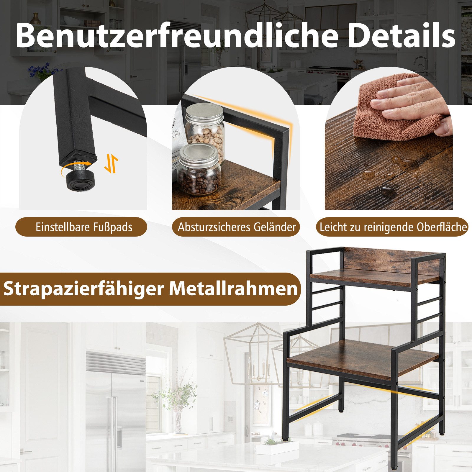 COSTWAY Küchenregal 3 Stufiges Mikrowellenregal stehend, mit 2 Ablagen – Bild 5 von 5