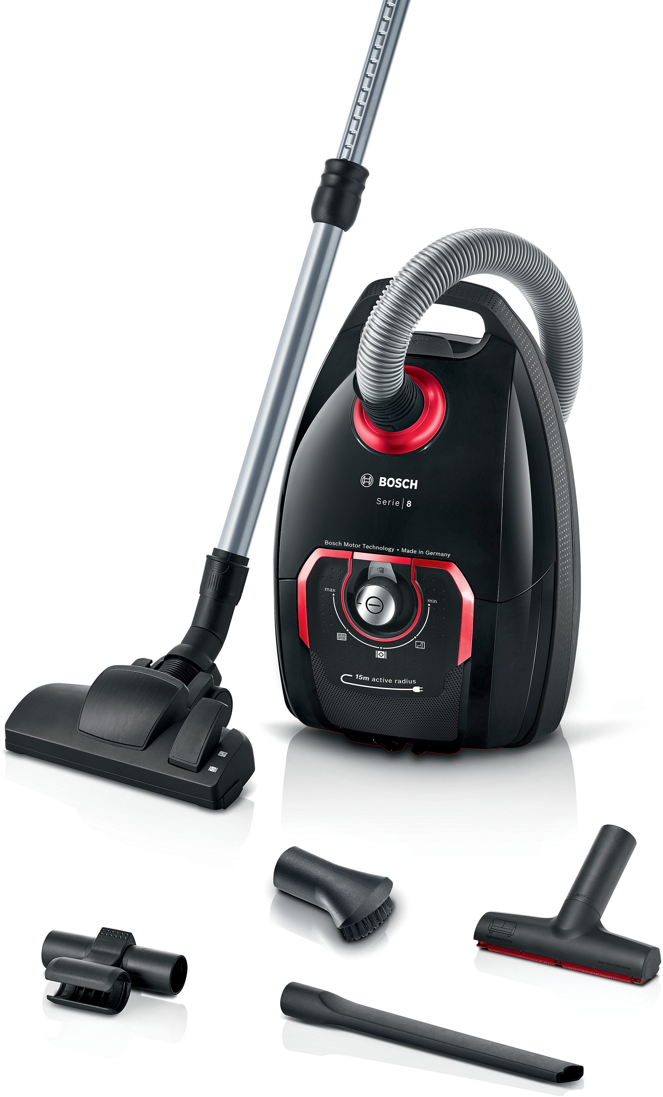 BOSCH Bodenstaubsauger Serie 8 BGB75X650, ideal für Allergiker, 10 Jahre Motorgarantie, 650 W, mit Beutel, Hygiene-Filter, XXL-Polsterdüse, XXL-Fugendüse, langes Kabel, schwarz