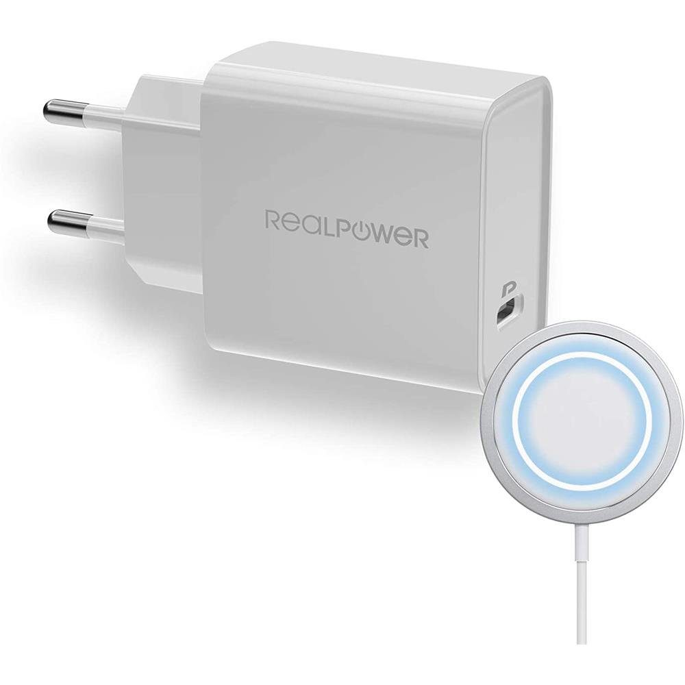 Realpower PC-MagSet Induktions-Ladegerät (20W PD Ladegerät mit 15W Ladepad, 2m magnetisches Kabel)