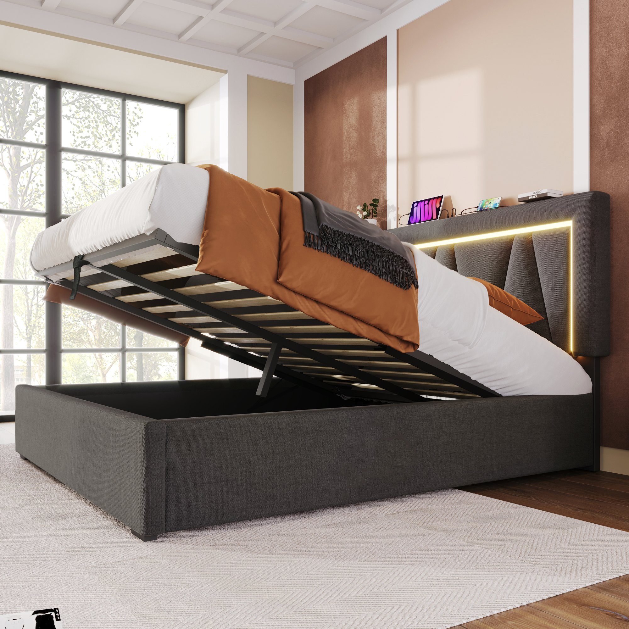 OKWISH Polsterbett LED Doppelbett mit USB günstig online kaufen