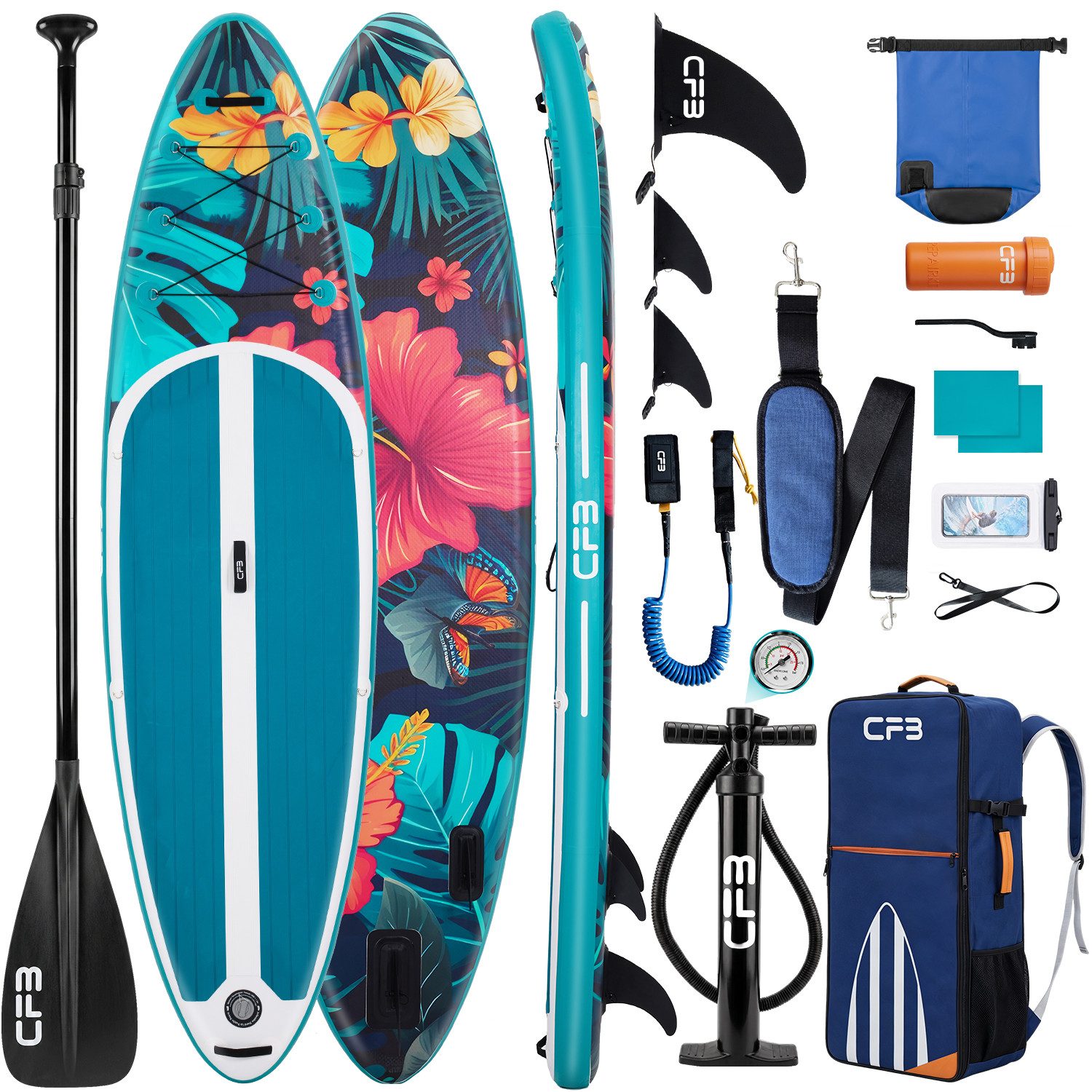 CFB SUP-Board Set 320x84x15 cm extra breit, 160 kg Traglast, aufblasbares Stand Up Paddle Board, (Komplett-Set, mit Paddel, Pumpe, Rucksack, 5L Dry Bag und Schultergurt), für Anfänger und Erwachsene