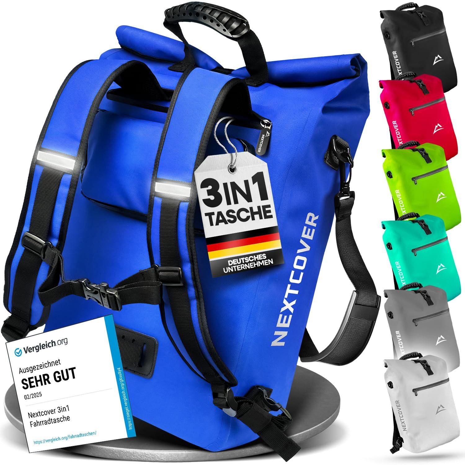 Nextcover Fahrradtasche NextBag TPU 3in1: Gepäckträgertasche, Rucksack & Umhängetasche, 25 L
