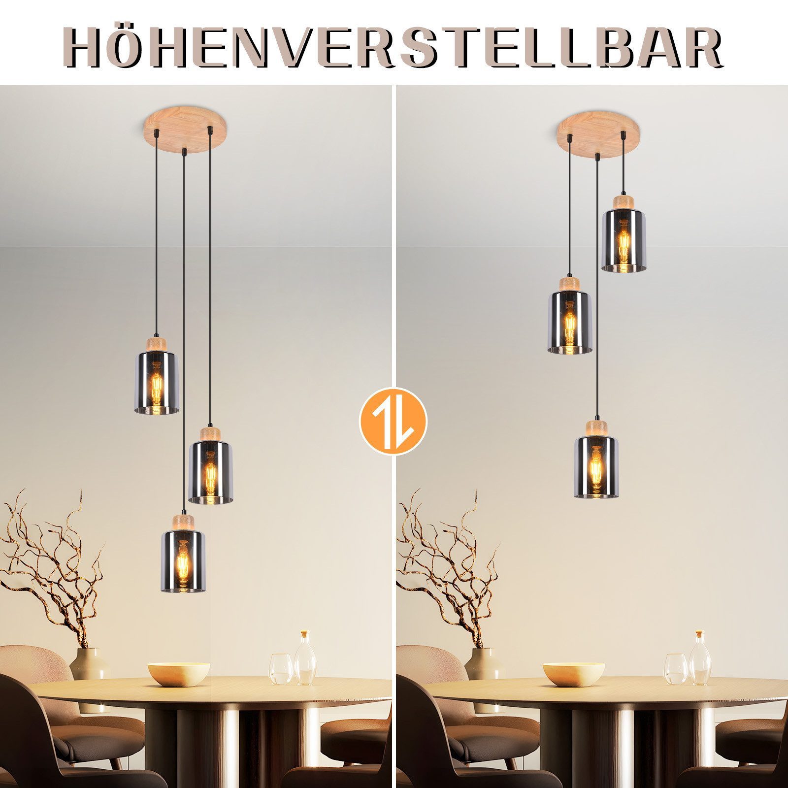 Nettlife Pendelleuchte Vintage Holz 1/3/4 flammig Industrial Hängelampe E27, Höhenverstellbar, LED wechselbar, Rauchglas Hängelampe für Küche Esszimmer Flur