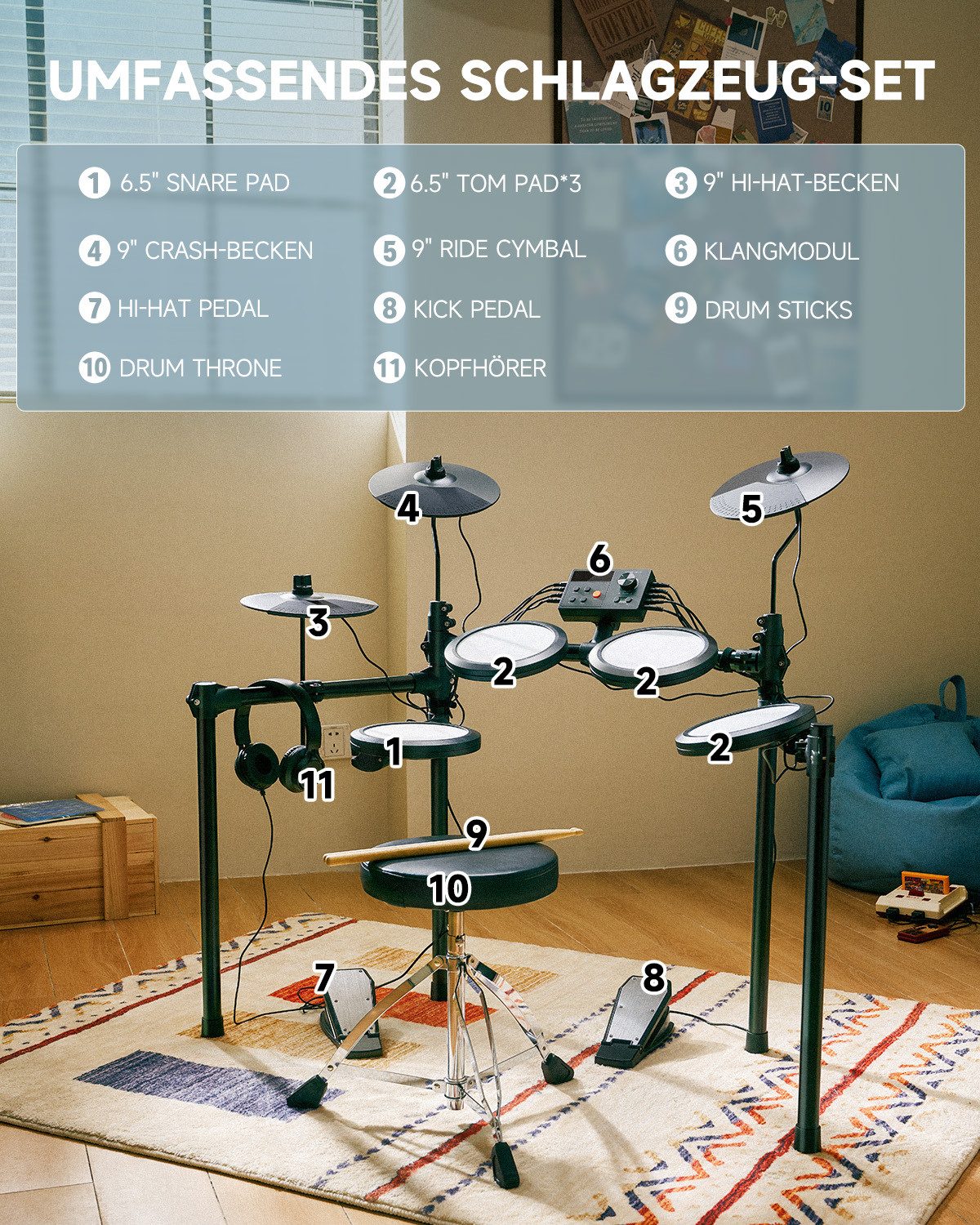 Donner E-Drum Kinder Elektronisches Schlagzeug Set Leises Mesh Pads DED-70,Komplettset, Kopfhörer Sticks Drumhocker, für Anfänger Kinder von 4-14 Jahren mit Kopfhörer 4-14