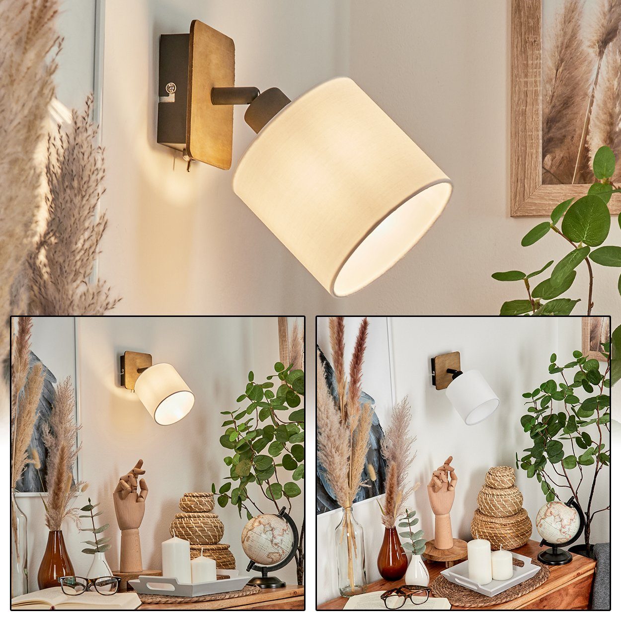 hofstein Wandleuchte »Costa« verstellbare Wandlampe, Holz/Metall/Stoff, Dunkelbraun/Schwarz, ohne Leuchtmittel, Leuchte, skandinavischen Design, verstellbarem Schirm, 1xE14, Weiß