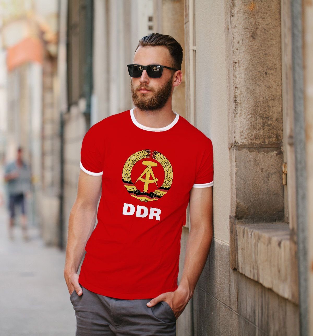 Print WM-Shirt Retro rot MoonWorks Herren mit DDR Nostalgie Print-Shirt Fan Moonworks®