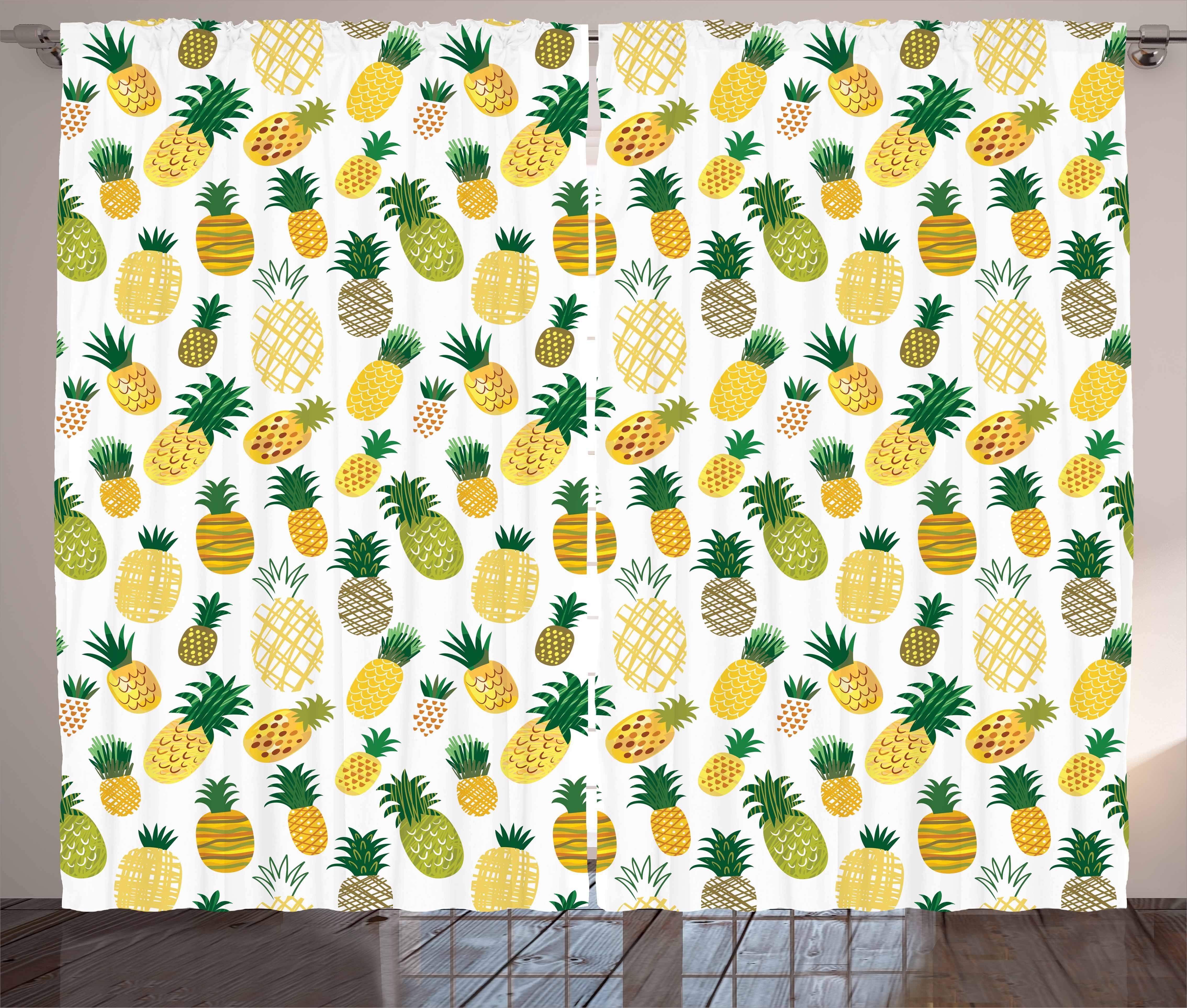 Gardine Schlafzimmer Kräuselband Vorhang mit Schlaufen und Haken, Abakuhaus, Gekritzel Cartoon Fruits Ananas
