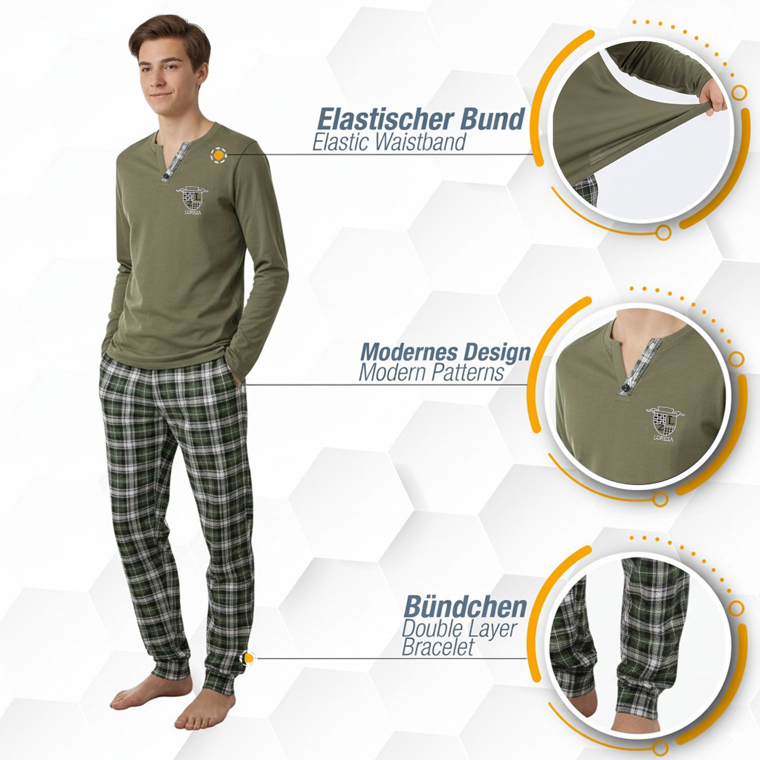 LOREZA Pyjama Jungen Schlafanzug zweiteilig Langarm - Kariert - Grün (Set, 2 tlg) – Bild 4 von 5