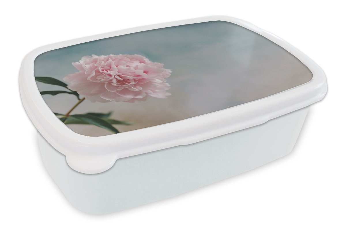 MuchoWow Lunchbox Rosa Pfingstrose auf grauem Hintergrund, Kunststoff, (2-tlg), Brotbox für Kinder und Erwachsene, Brotdose, für Jungs und Mädchen weiß