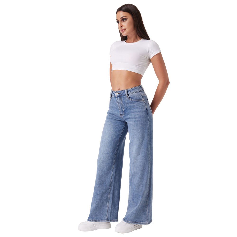 Ital-Design Weite Jeans Damen Wide-Leg Jeans Mid Waist Casual Denim (91978472) Used-Look Stretch High Waist Jeans in Blau – Bild 4 von 5