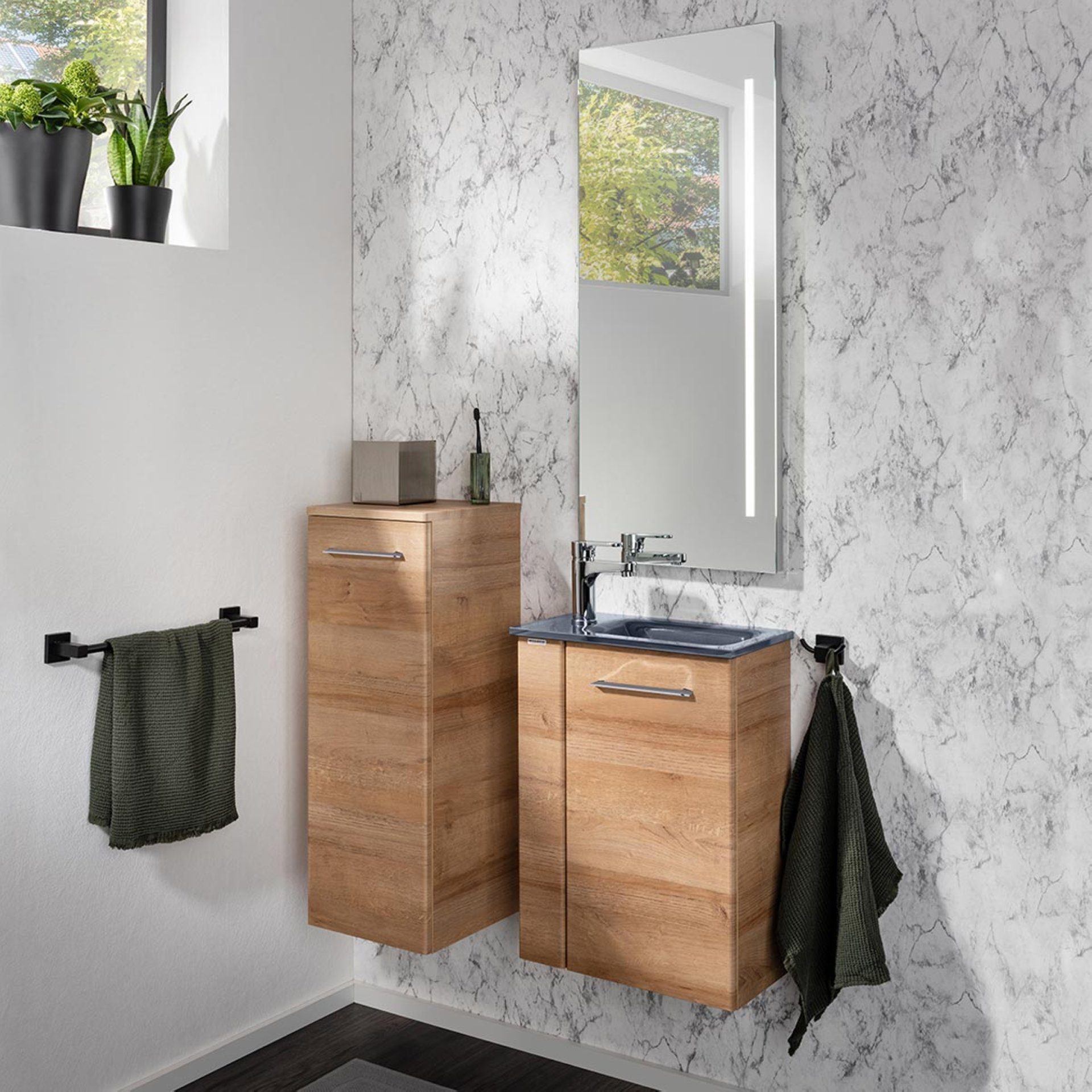Thumbnail - FACKELMANN Waschbecken SBC MILANO Gäste WC Set 2-teilig 45 cm, Braun hell, Glas Anthrazit