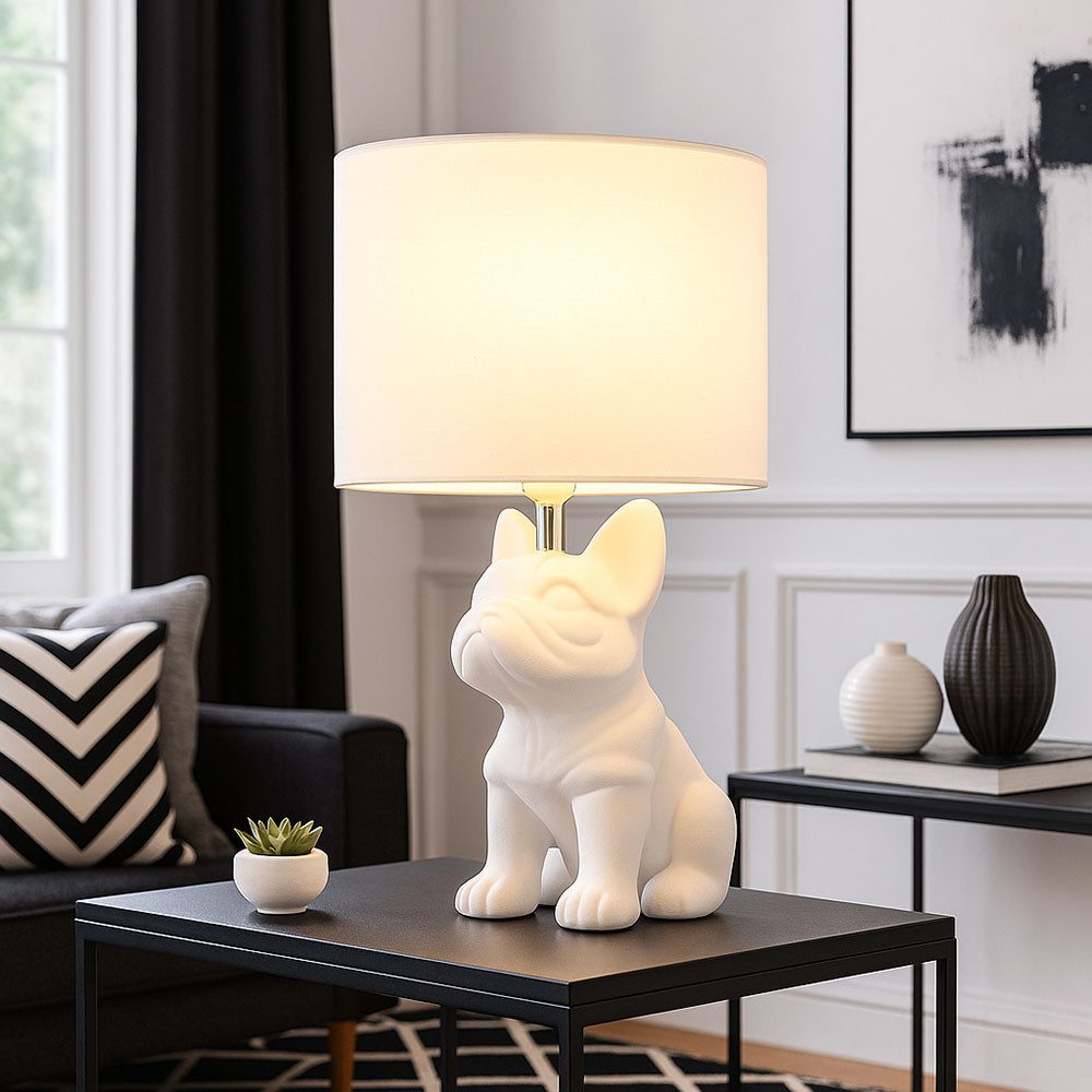 GLOBO LIGHTING LED Tischleuchte, Leuchtmittel inklusive, Warmweiß, Tischlampe Tischleuchte LED Keramik Hund Textil Leselampe weiß H 40 cm