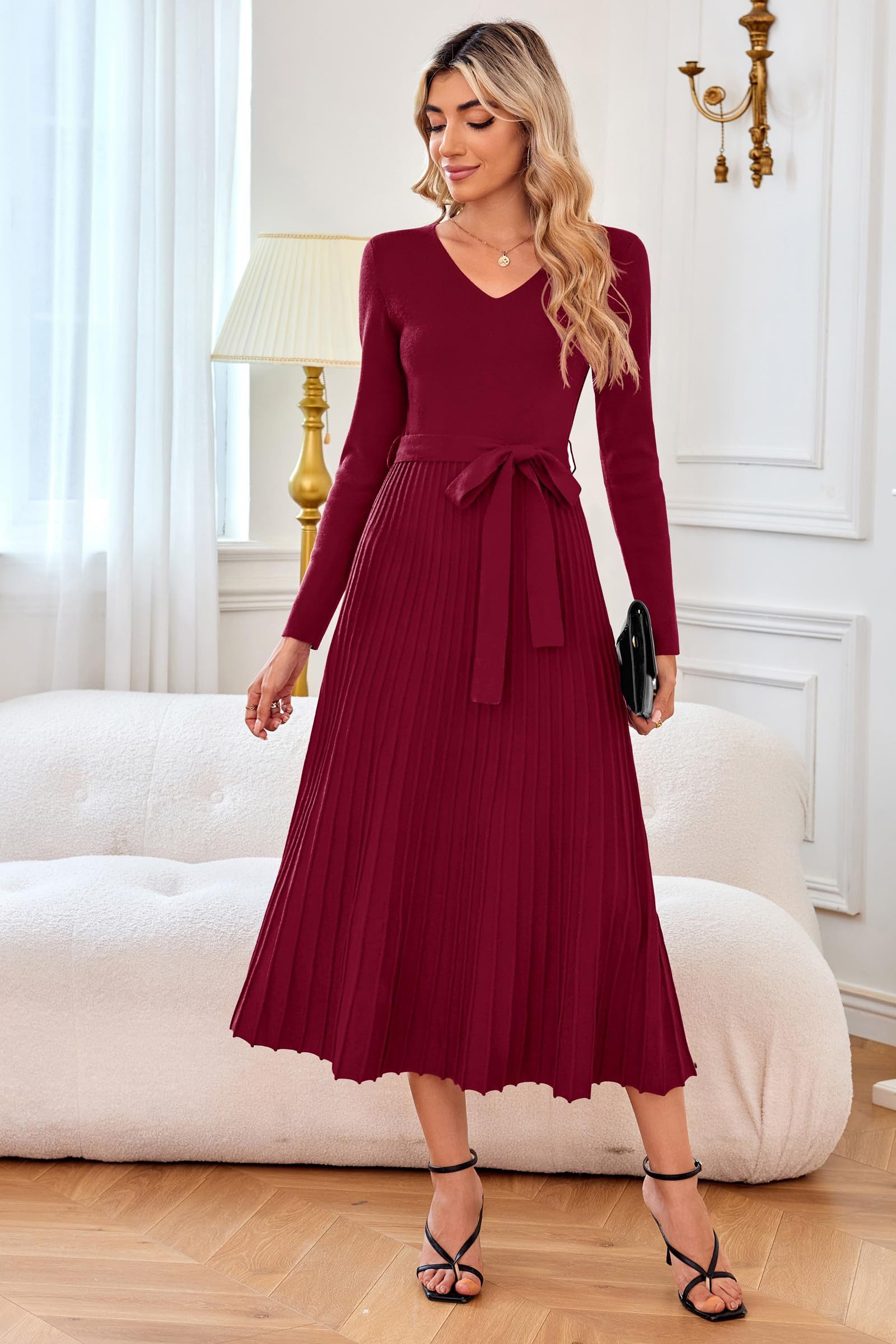 Arach&Cloz Strickkleid Damen Pulloverkleid Herbst Winterkleid Lang Plissee V-Ausschnitt Langarm Elegant Midi Kleider Winter