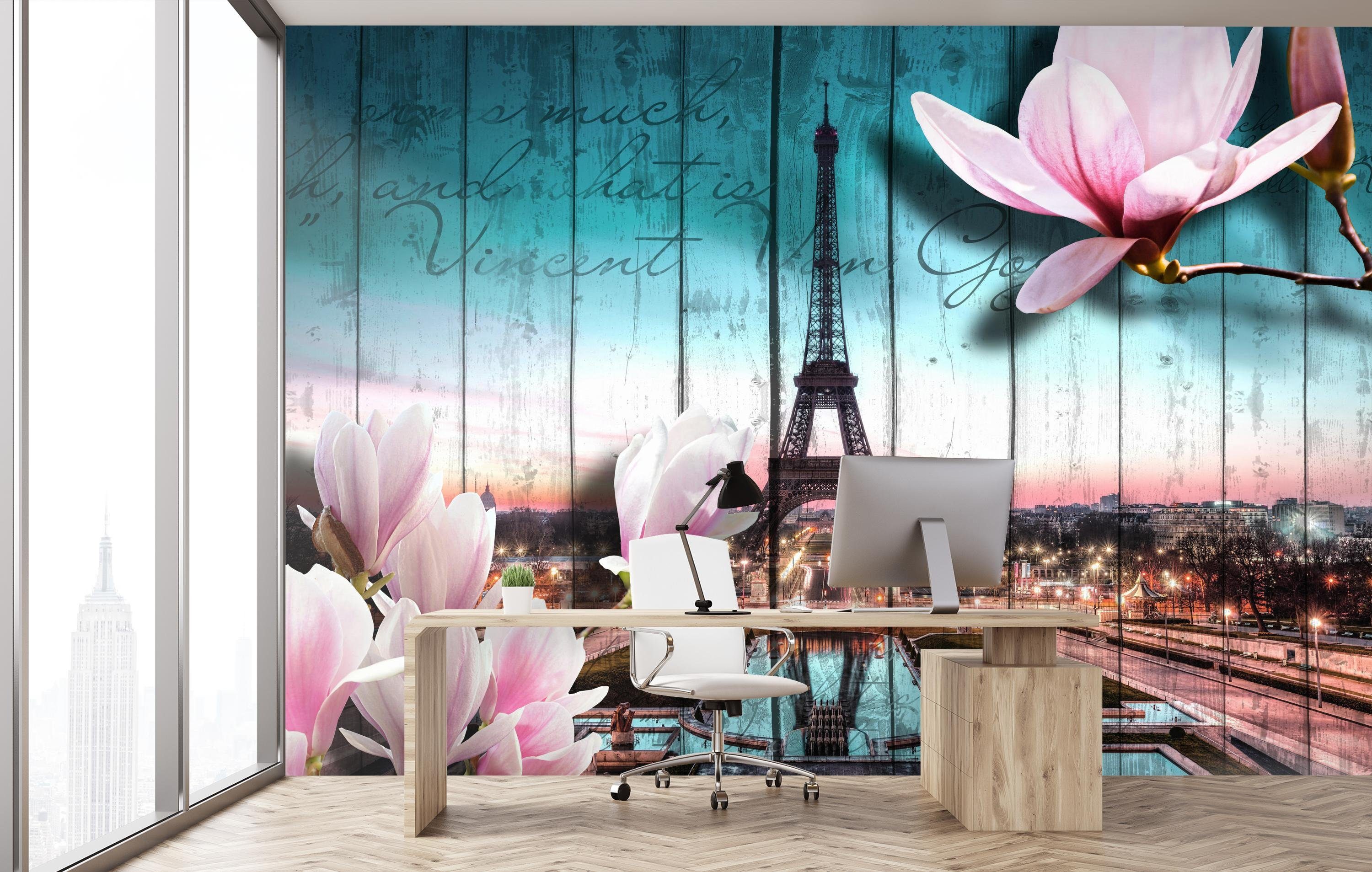 Paris Blüten glatt, matt, Motivtapete, Wandtapete, Holz Fototapete Eiffelturm, wandmotiv24 Vliestapete