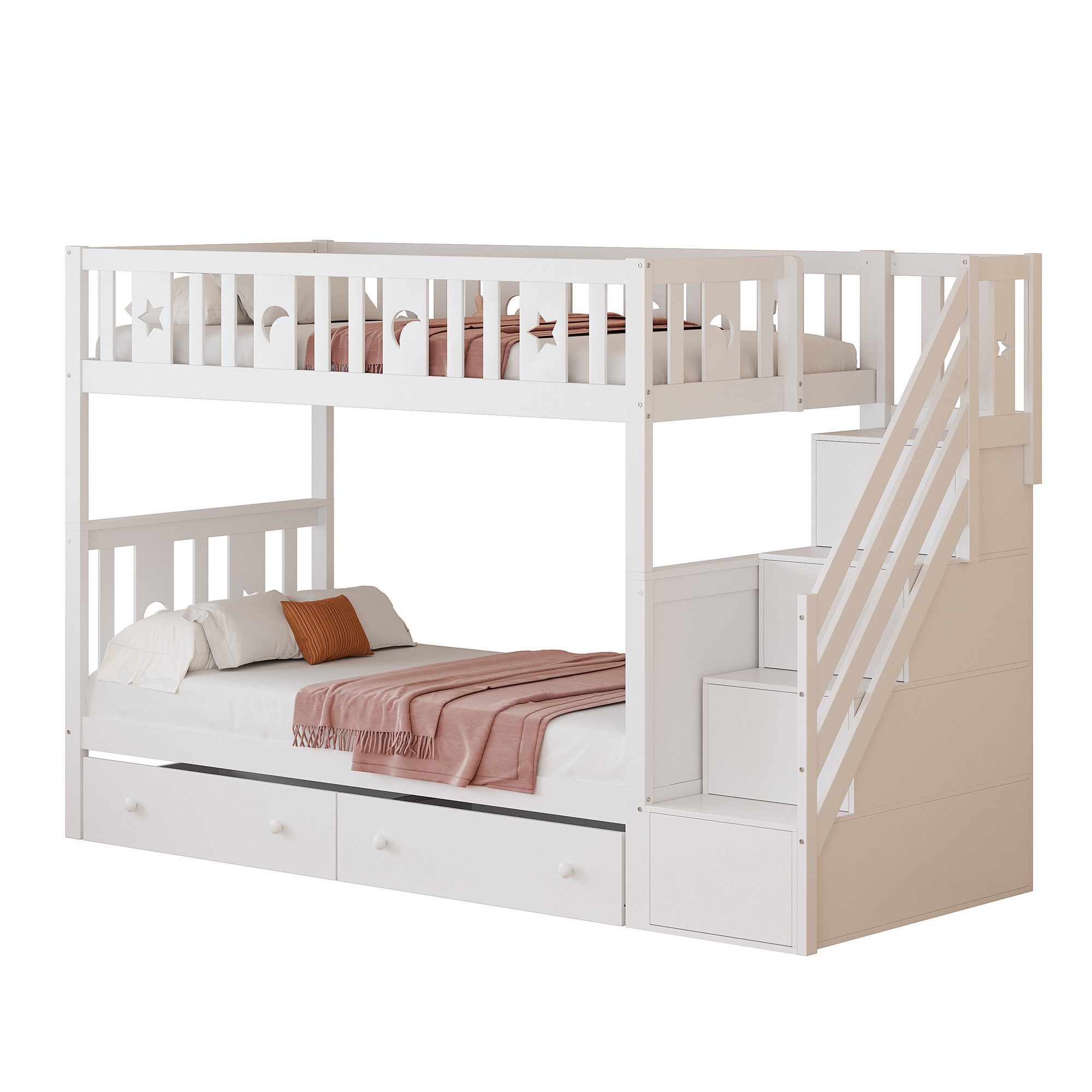 ANYSUN Jugendbett Etagenbett mit Sicherheitstreppe (Set, 2 Bettseiten), Hausbett