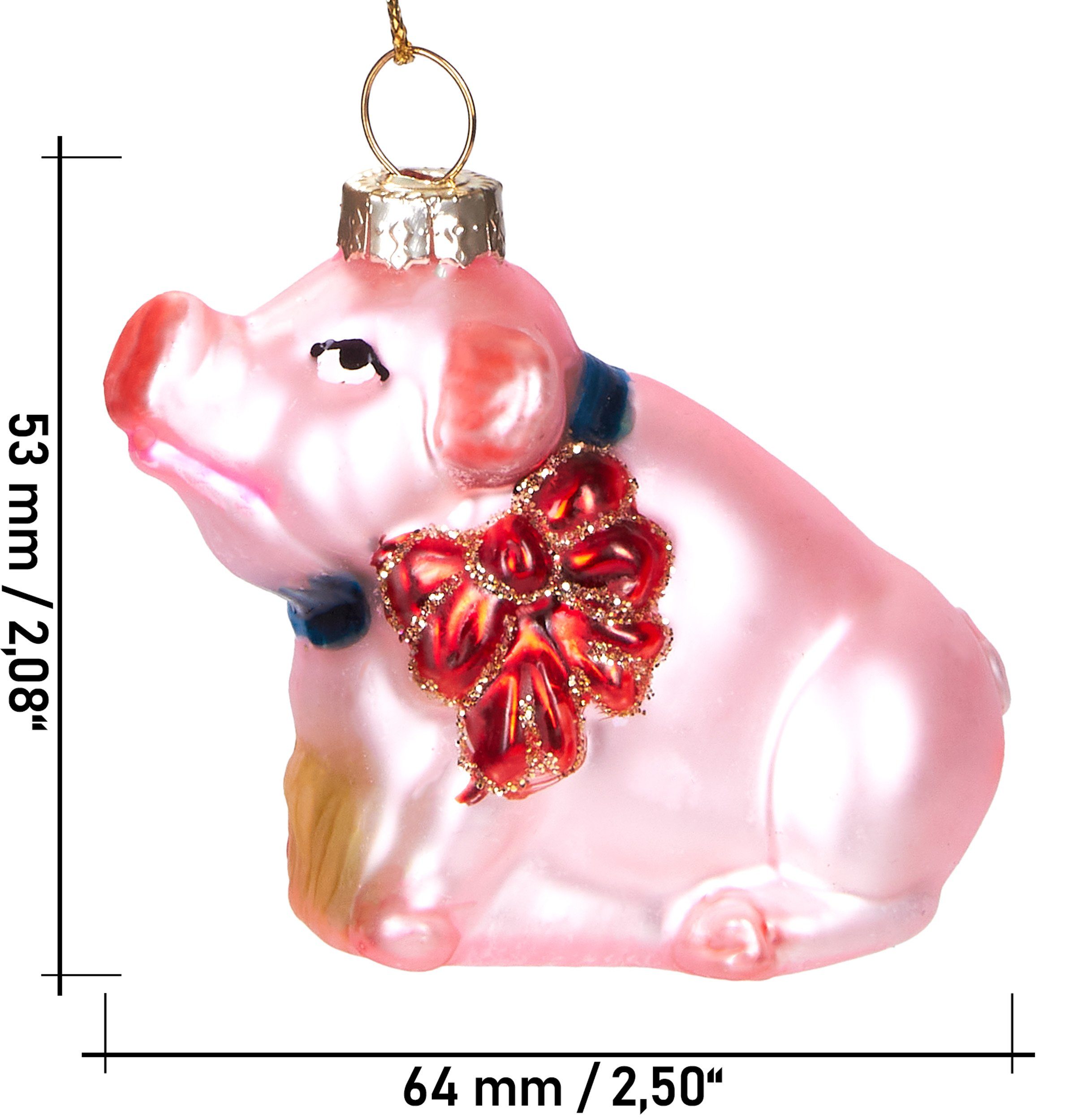 aus Unikat Christbaumschmuck cm Schleife, 6.5 Weihnachtskugel BRUBAKER glückbringende Handbemalte mundgeblasenes - mit Weihnachtsdekoration Schwein ca. Glas,