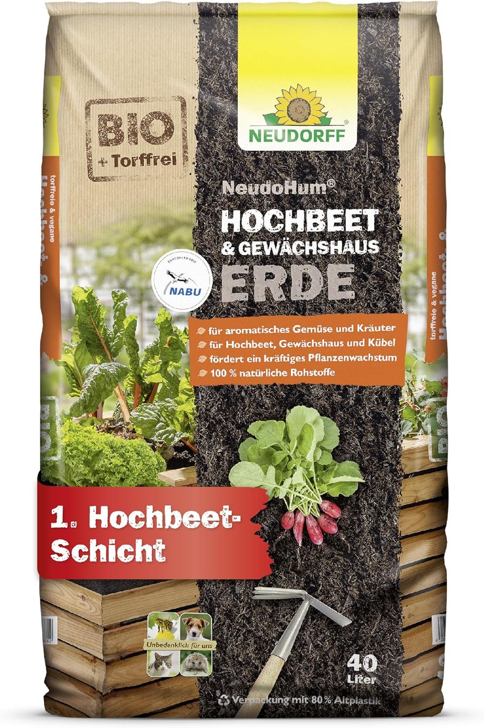 Neudorff Bio-Erde Neudorff NeudoHum Hochbeet & GewächshausErde 40 L, mit Organischer Dünger, ausreichend für ca. 3–4 Wochen, (Erde / Pflanzsubstrat, Einzelprodukt), Torffreie Bio-Erde aus nachwachsenden Rohstoffen; Von NABU empfohlen