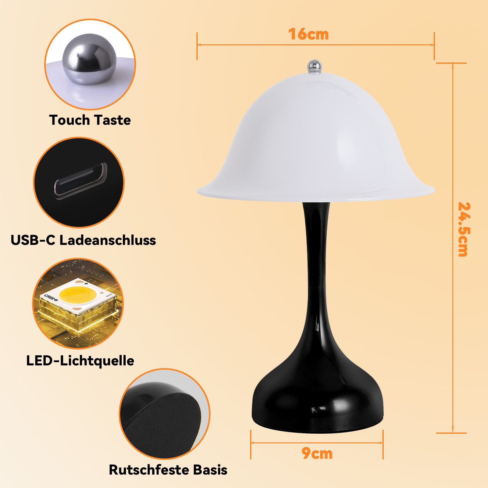 ZMH LED Tischleuchte Akku Tischlampe Aufladbar Touch Dimmbar Schlafzimmerlampe, USB-Ladefunktion, LED fest integriert, 2000K-6500k, Kabellose Nachttischleuchte Tragbare Lampe für Wohnzimmer