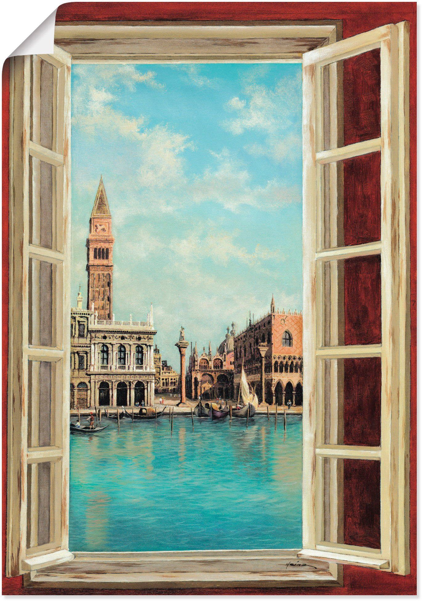 Artland Wandbild Fenster in Blick mit Wandaufkleber Leinwandbild, St), Größen oder auf Venedig, Fensterblick Alubild, versch. (1 als Poster