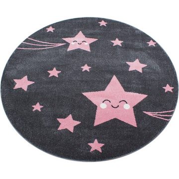 Kinderteppich Sterne-Design, Carpetsale24, Rund, Höhe: 11 mm, Kinderteppich Stern-Design Rosa Baby Teppich Kinderzimmer Pflegeleicht